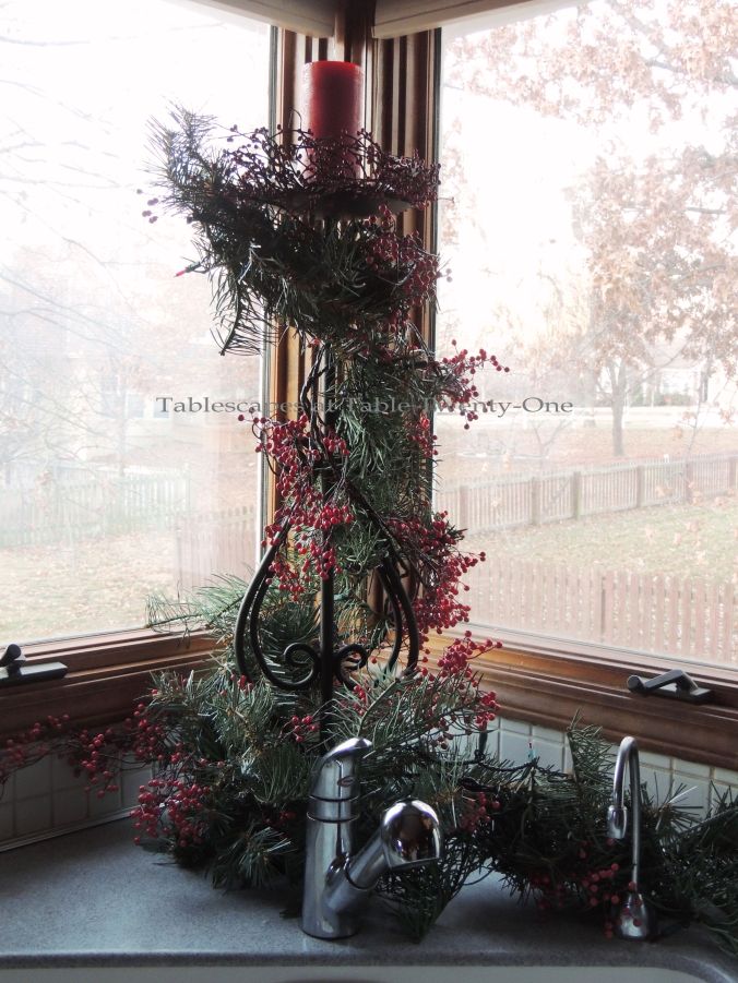 Tablescapes at Table Twenty-One, 'Twas the Night Before Christmas Progressive Dinner Decor: Candlestick arrangement in window at kitchen sink