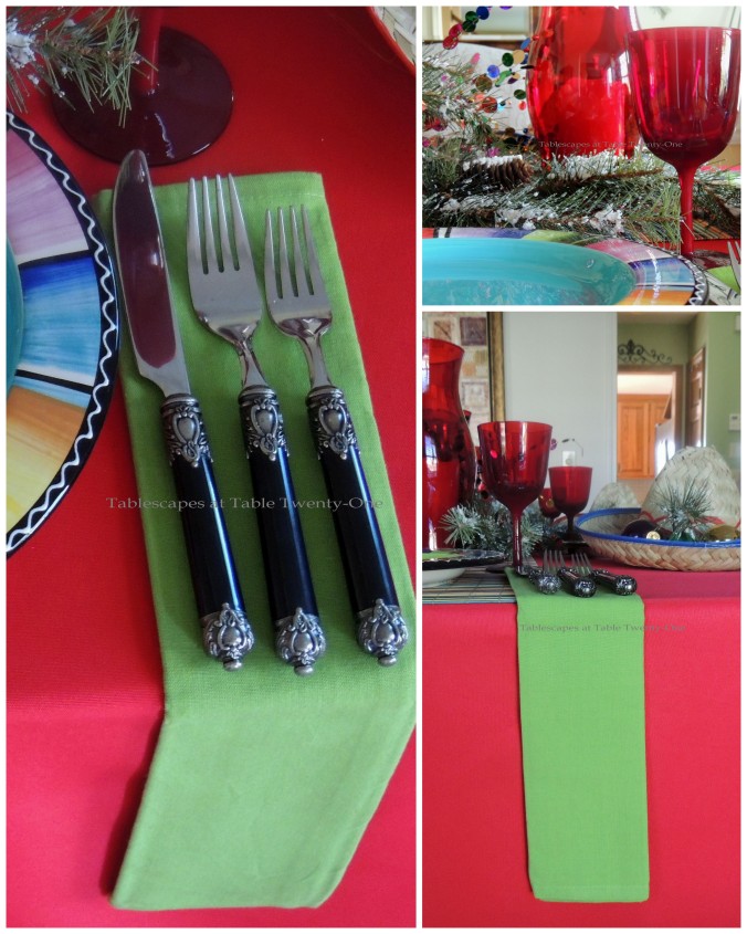 Tablescapes at Table Twenty-One – Christmas Fiesta: Flatware, stemware, napkin drop collage