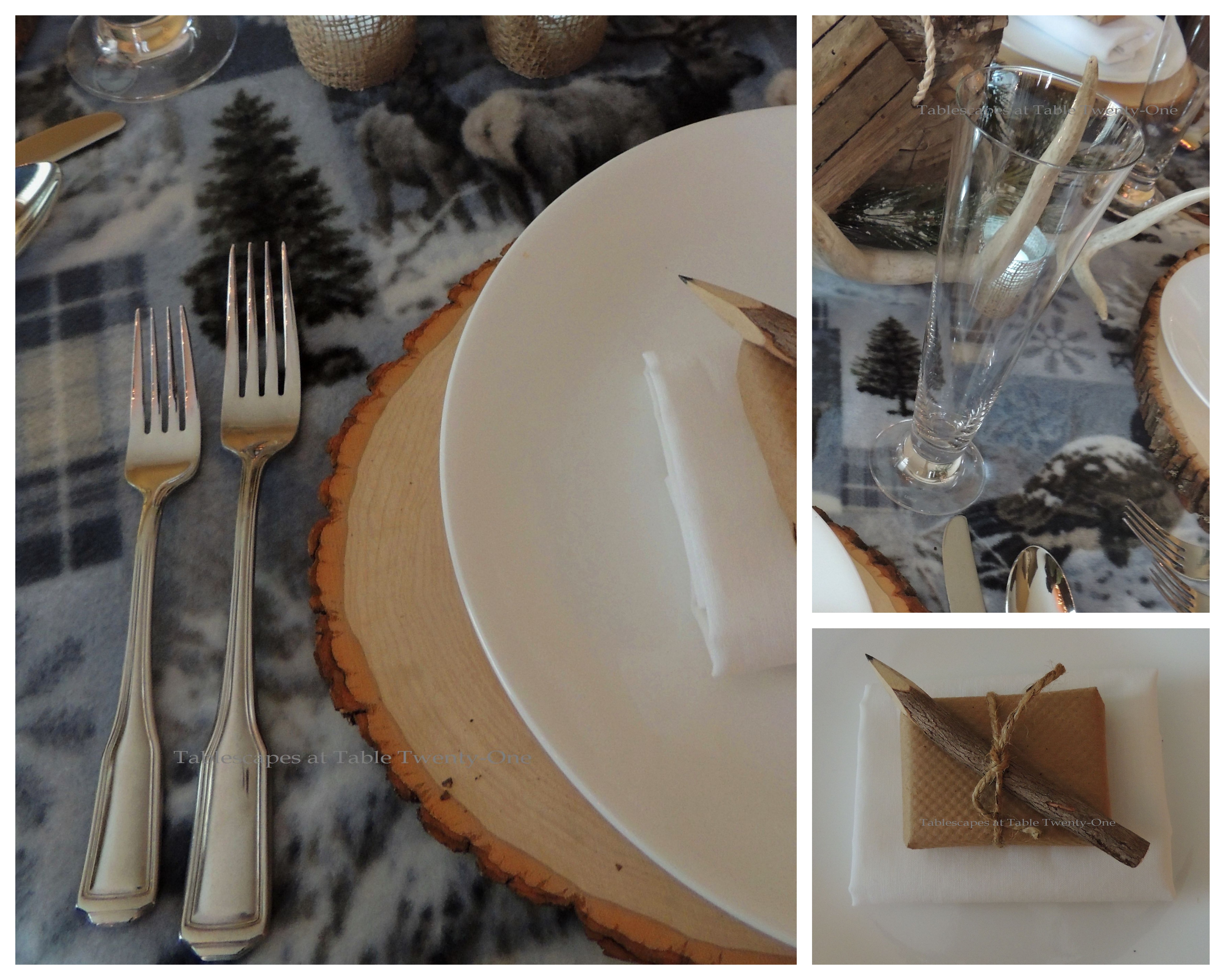 Tablescapes at Table Twenty-One, Woodland Men's Christmas Tablescape: Flatware, Stemware, Napkin & Favor collage