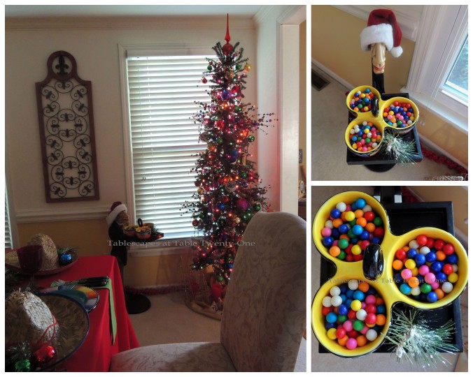 Tablescapes at Table Twenty-One – Christmas Fiesta: Geoffrey, Christmas tree, gumballs collage