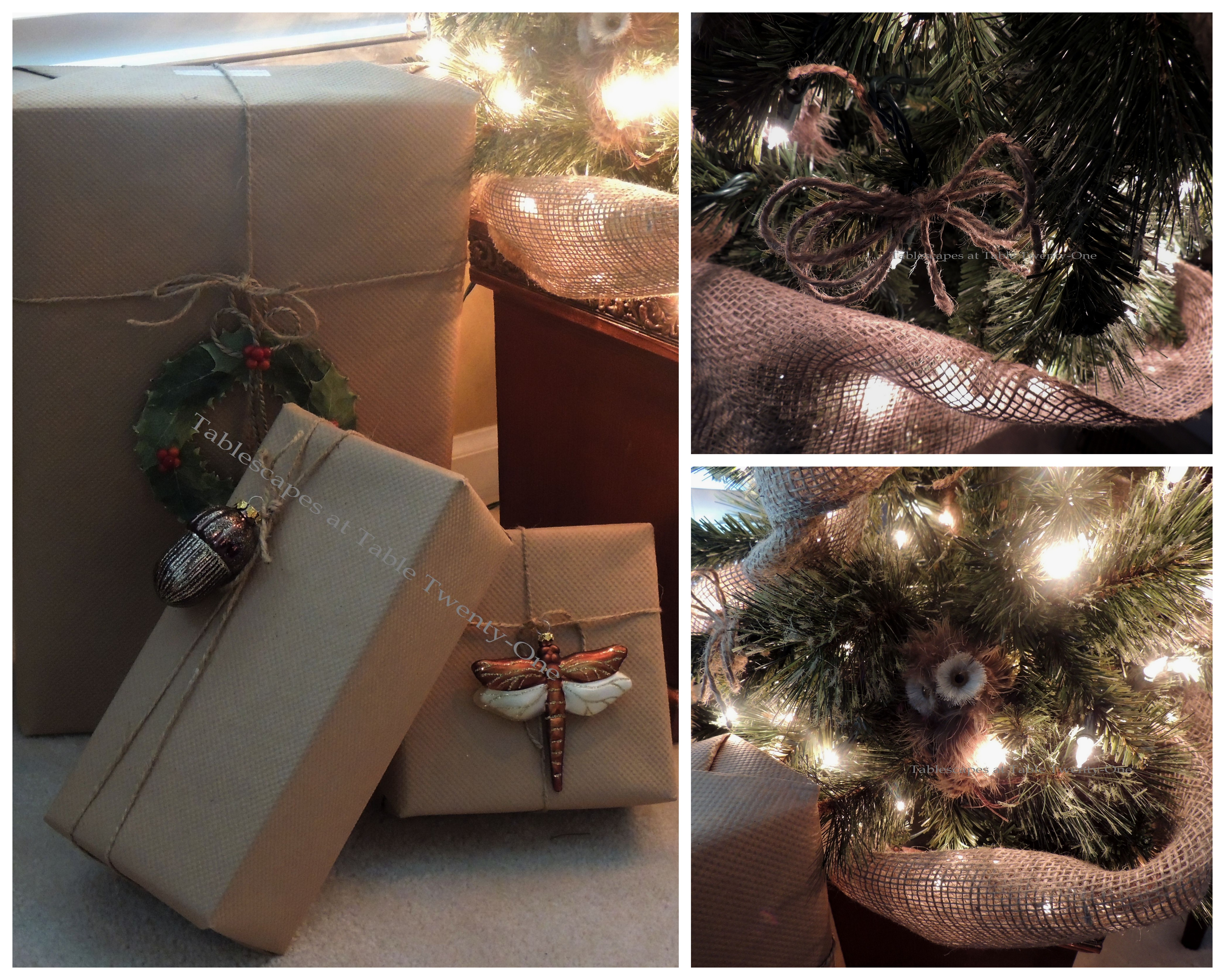 Tablescapes at Table Twenty-One, Woodland Men's Christmas Tablescape: Gifts, owl in tree, twine ribbon collage
