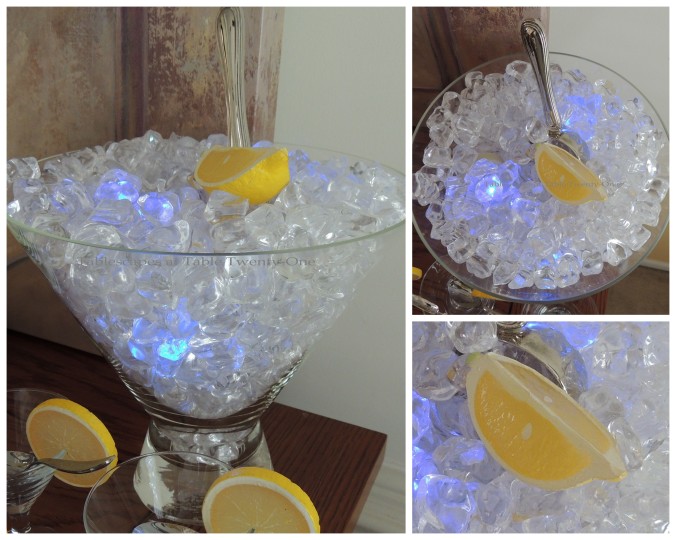 Tablescapes at Table Twenty-One, New Year’s Eve Tablescape – Hooray for Vodka!: Martini ice bucket with lemon collage