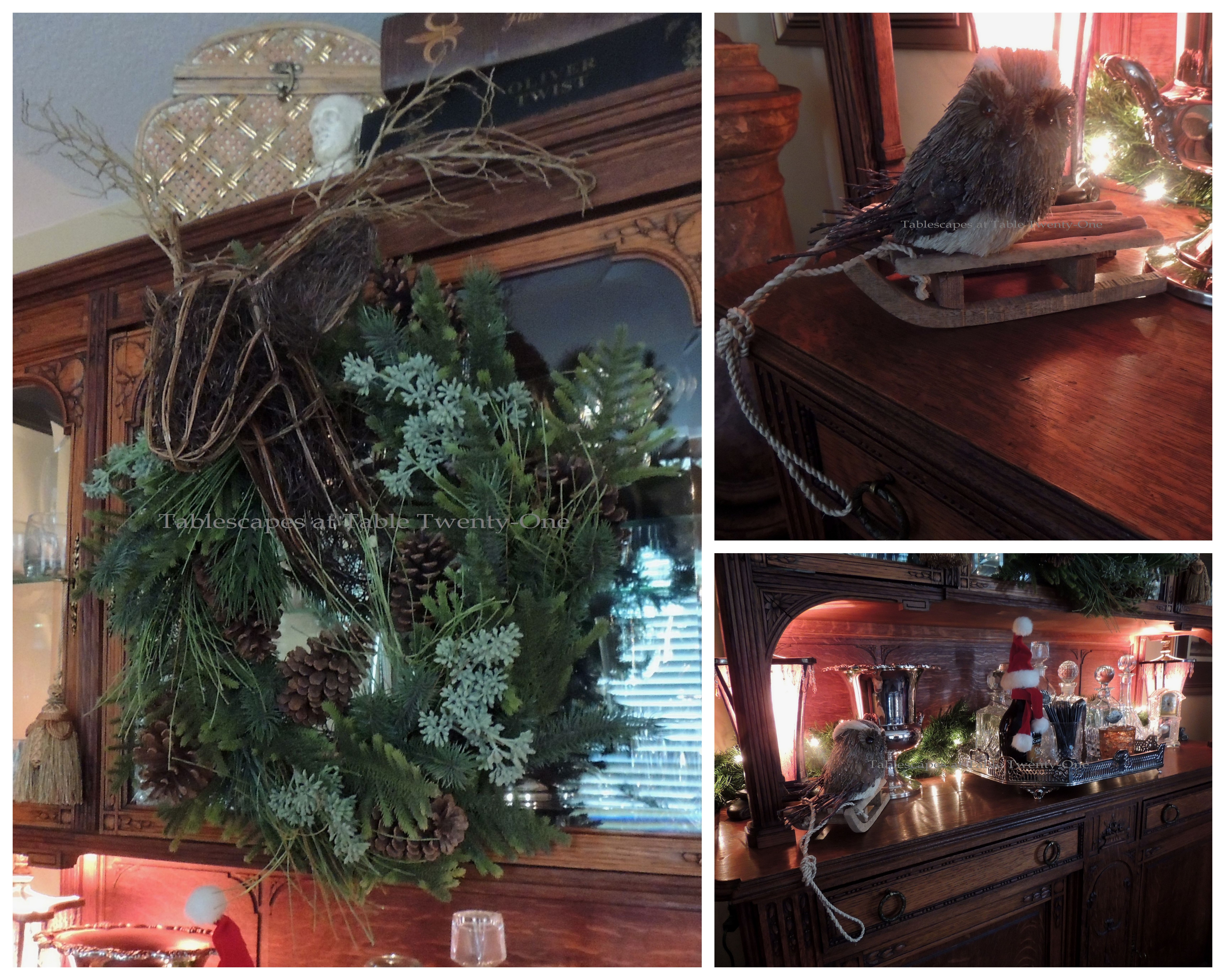 Tablescapes at Table Twenty-One, Woodland Men's Christmas Tablescape: Reindeer wreath, owl on sled collage