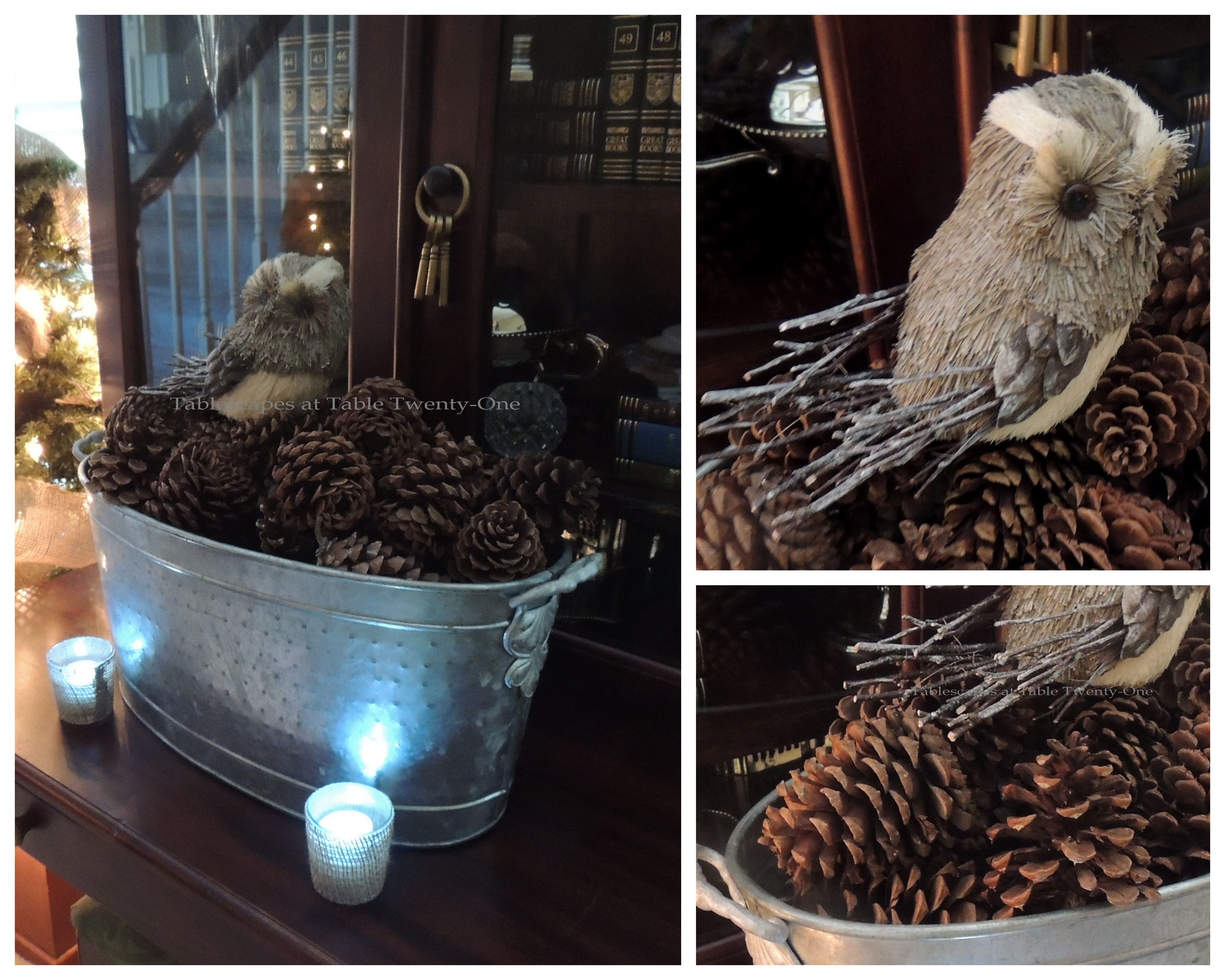 Tablescapes at Table Twenty-One, Woodland Men's Christmas Tablescape: Tub of pine cones, owl collage