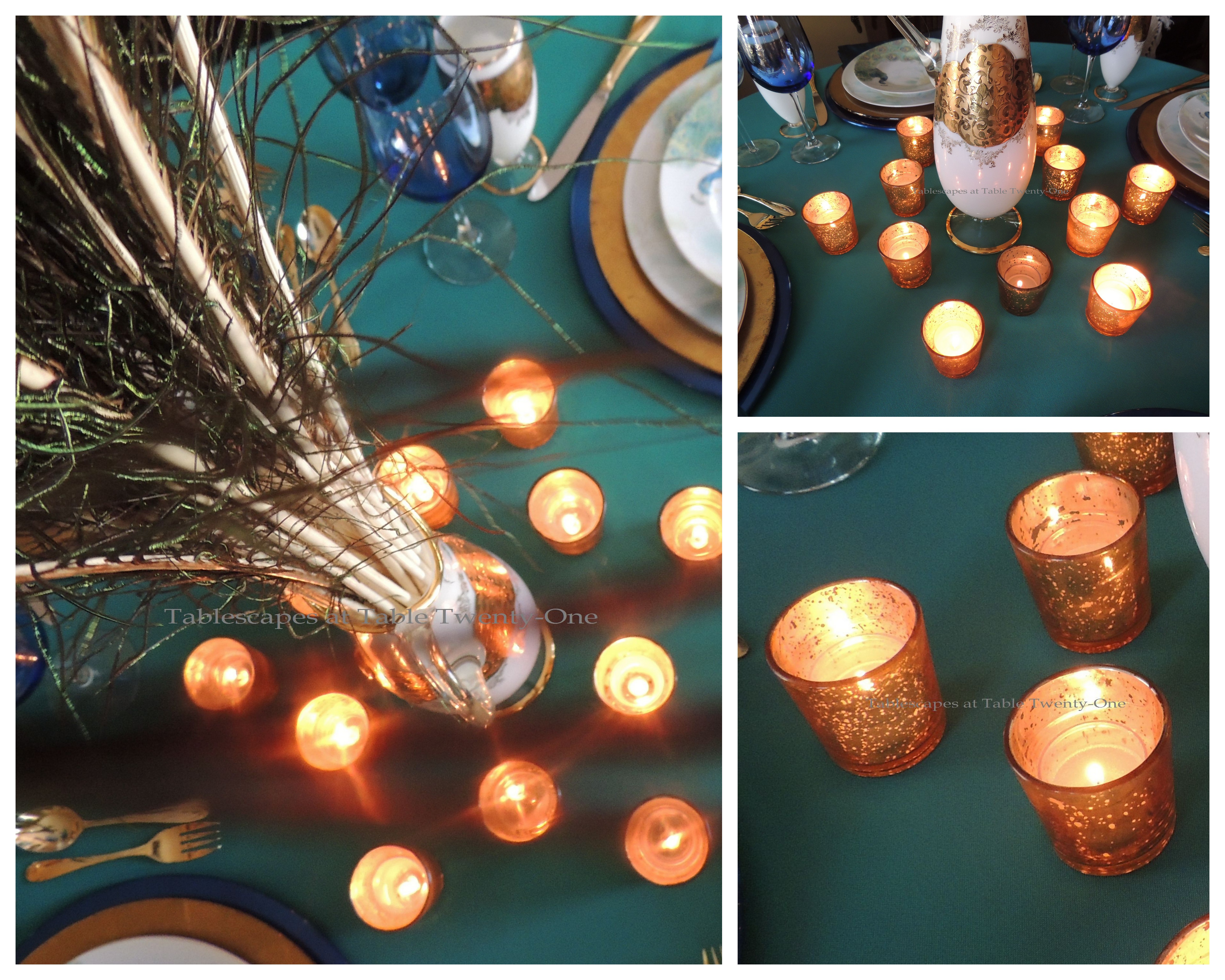 Tablescapes at Table Twenty-One, www.tabletwentyone.wordpress.com - Simply Peacock Garden: Centerpiece collage