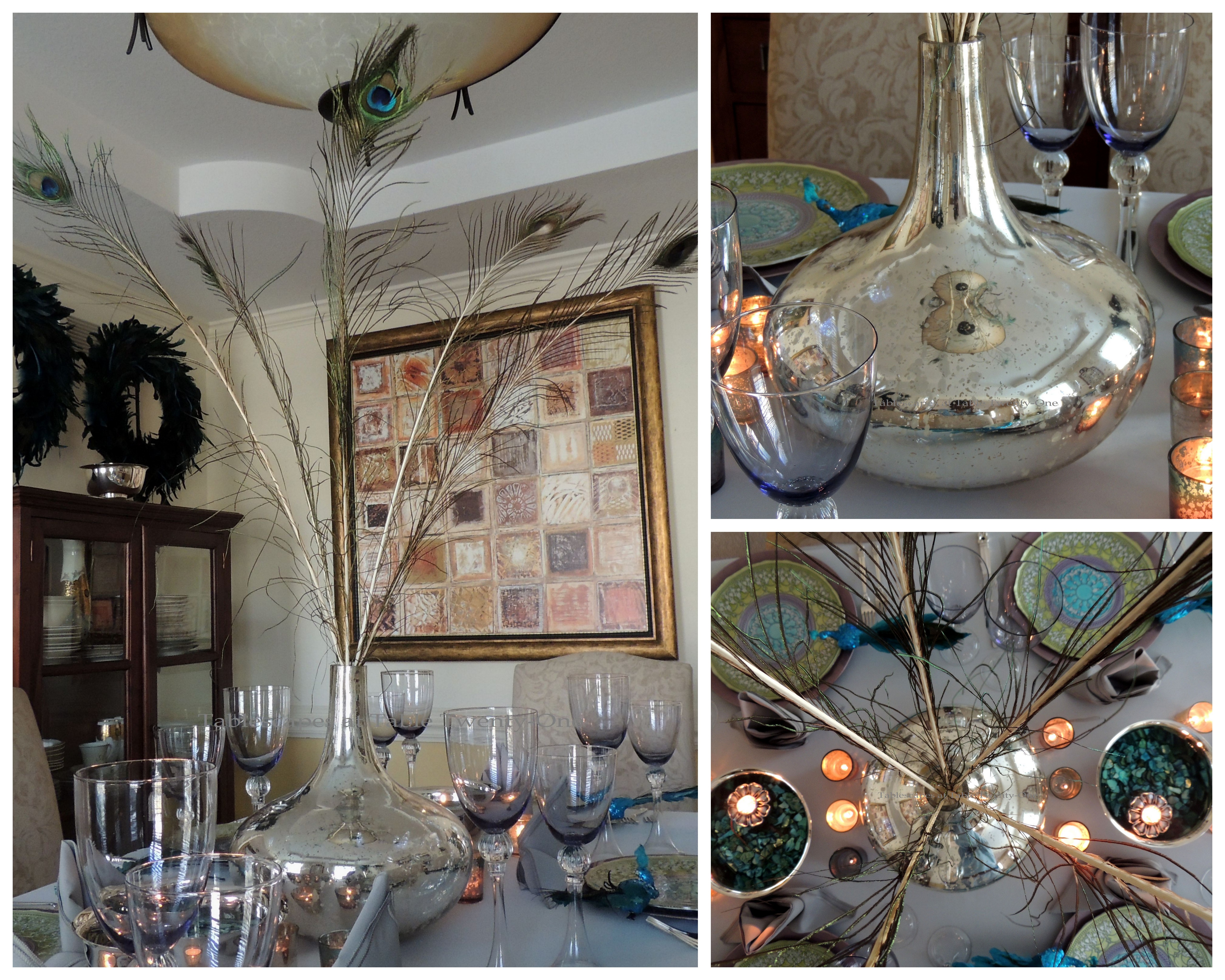 Tablescapes at Table Twenty-One, www.tabletwentyone.wordpress.com - The Peacock Effect: Centerpiece vase collage