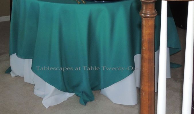 Tablescapes at Table Twenty-One, www.tabletwentyone.wordpress.com - Simply Peacock Garden: LinenTablecloth.com layered linens in turquoise and white