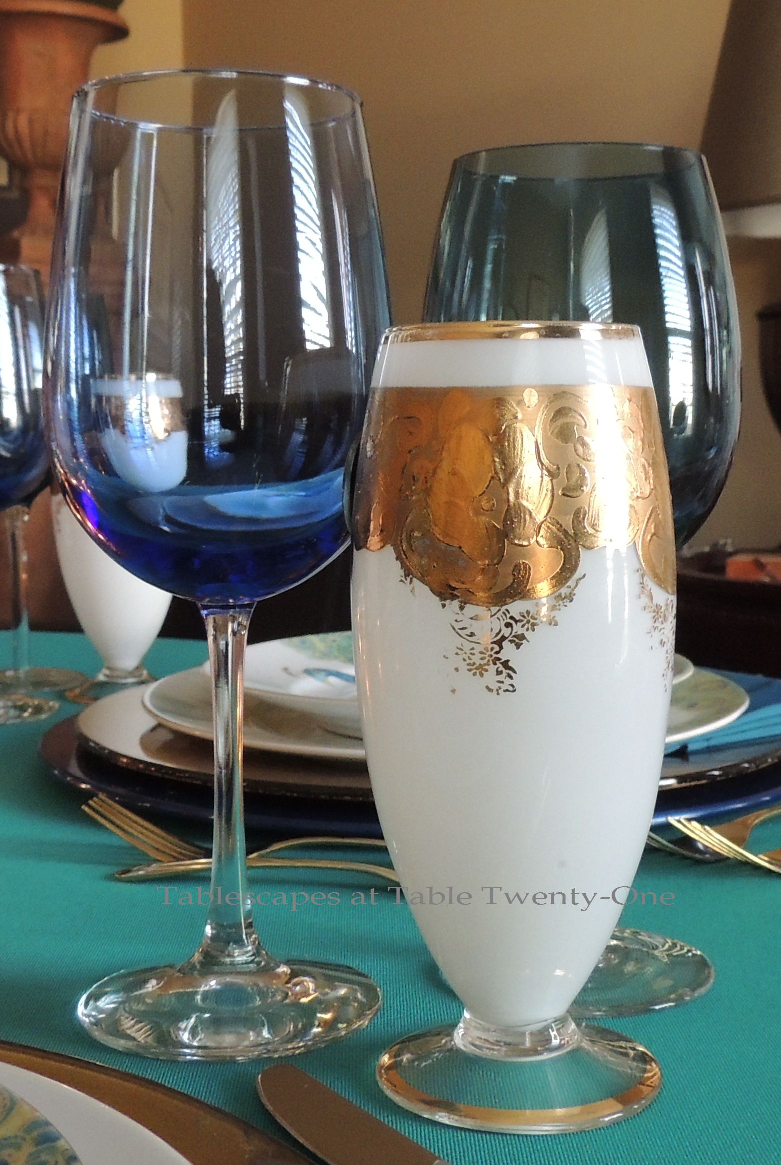 Tablescapes at Table Twenty-One, www.tabletwentyone.wordpress.com - Simply Peacock Garden: Stemware