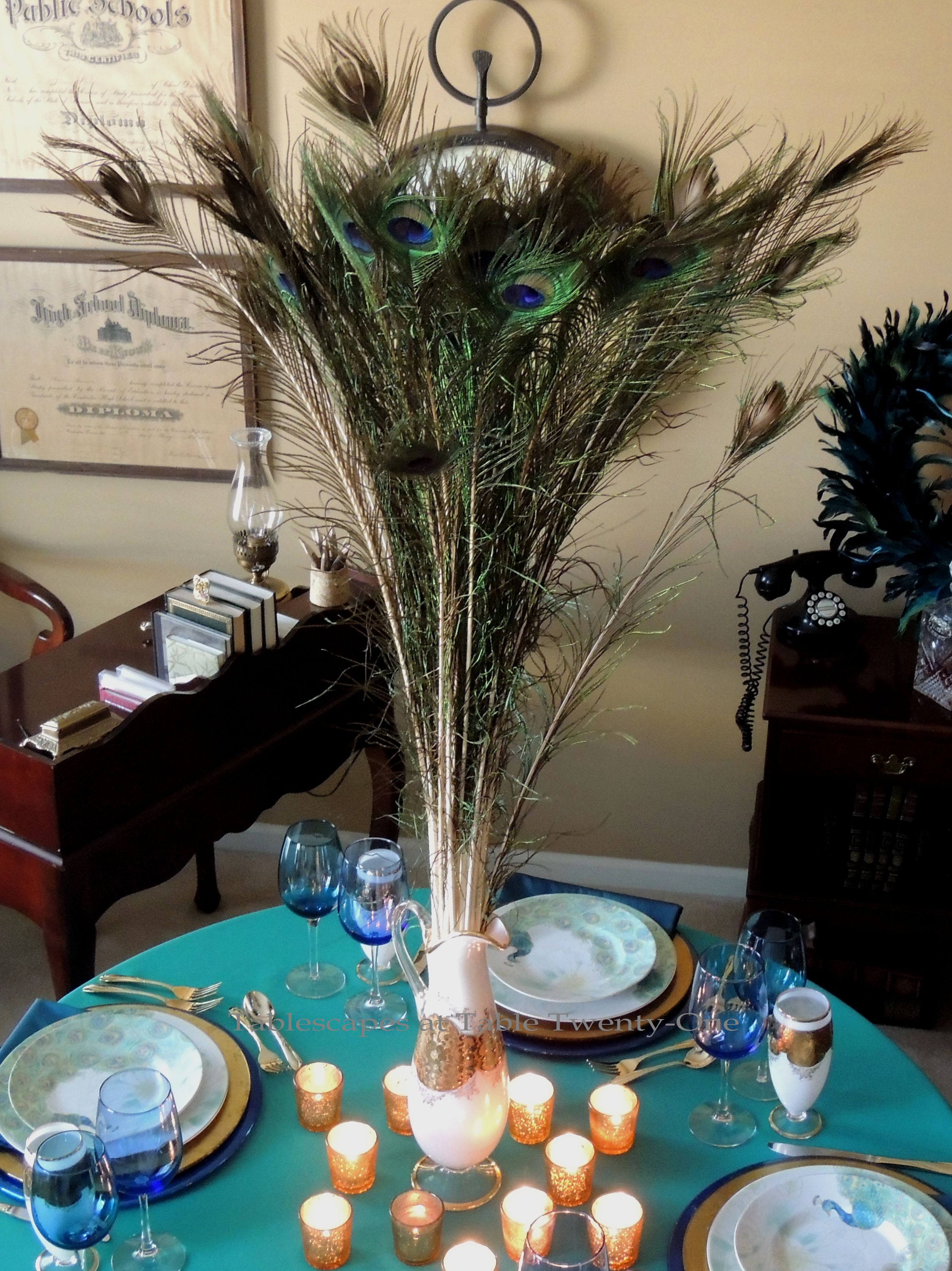 Tablescapes at Table Twenty-One, www.tabletwentyone.wordpress.com - Simply Peacock Garden: Full centerpiece