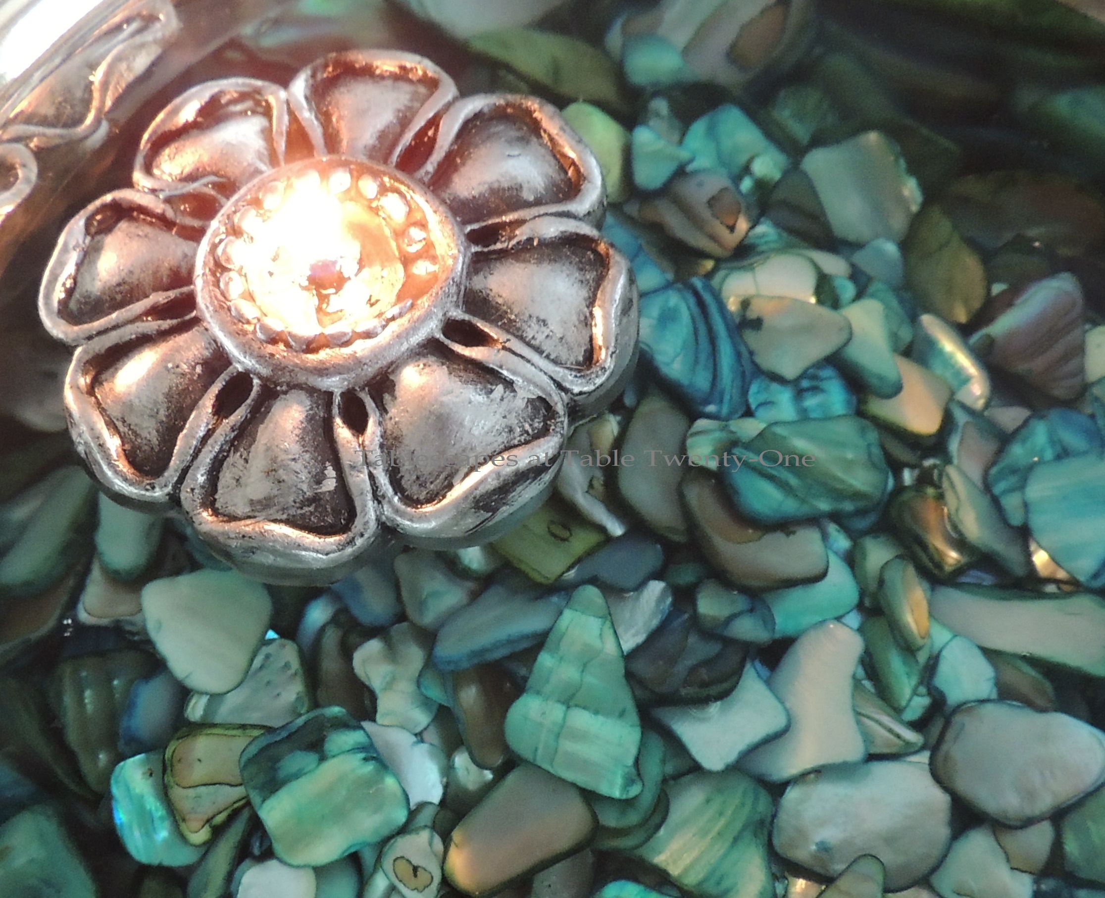 Tablescapes at Table Twenty-One, www.tabletwentyone.wordpress.com - The Peacock Effect: Floating candle and turquoise agate