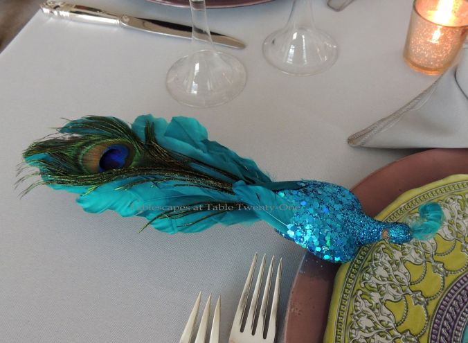 Tablescapes at Table Twenty-One, www.tabletwentyone.wordpress.com - The Peacock Effect: Glitter & sequin peacock embellishment