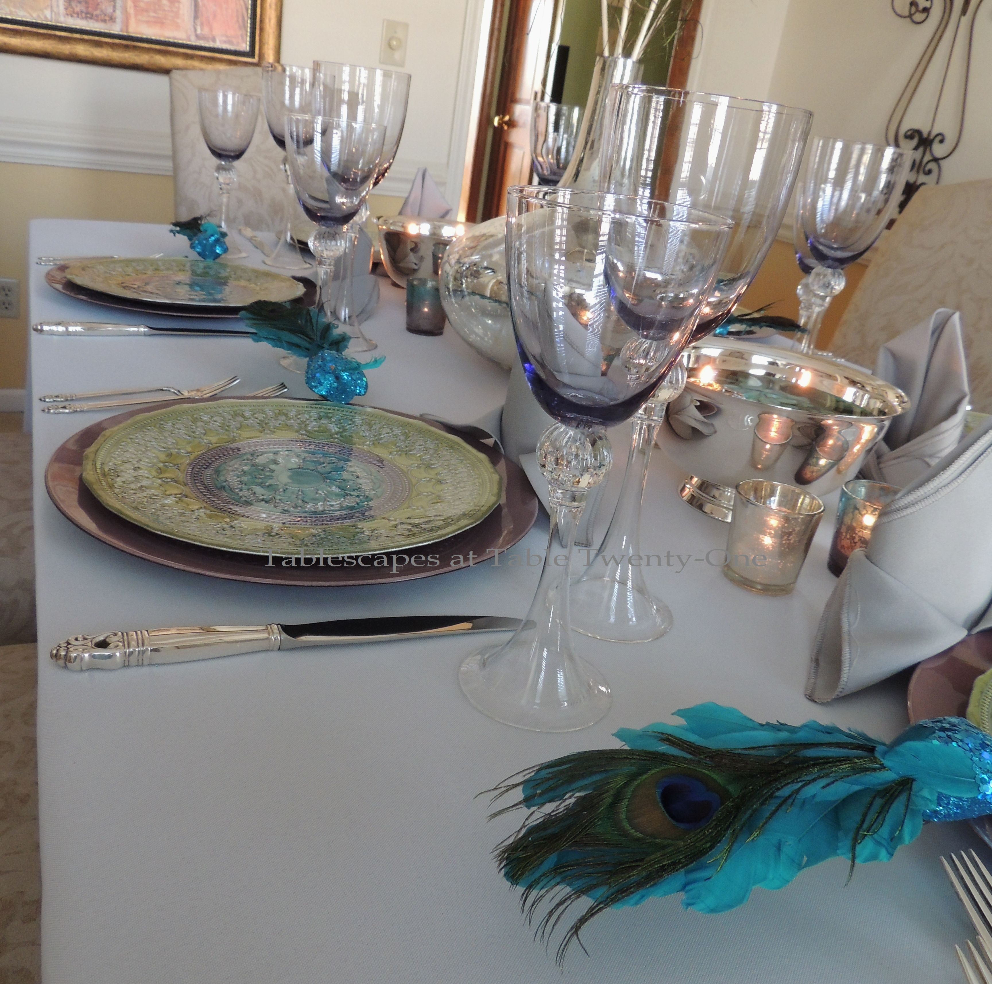 Tablescapes at Table Twenty-One, www.tabletwentyone.wordpress.com - The Peacock Effect: Double place setting