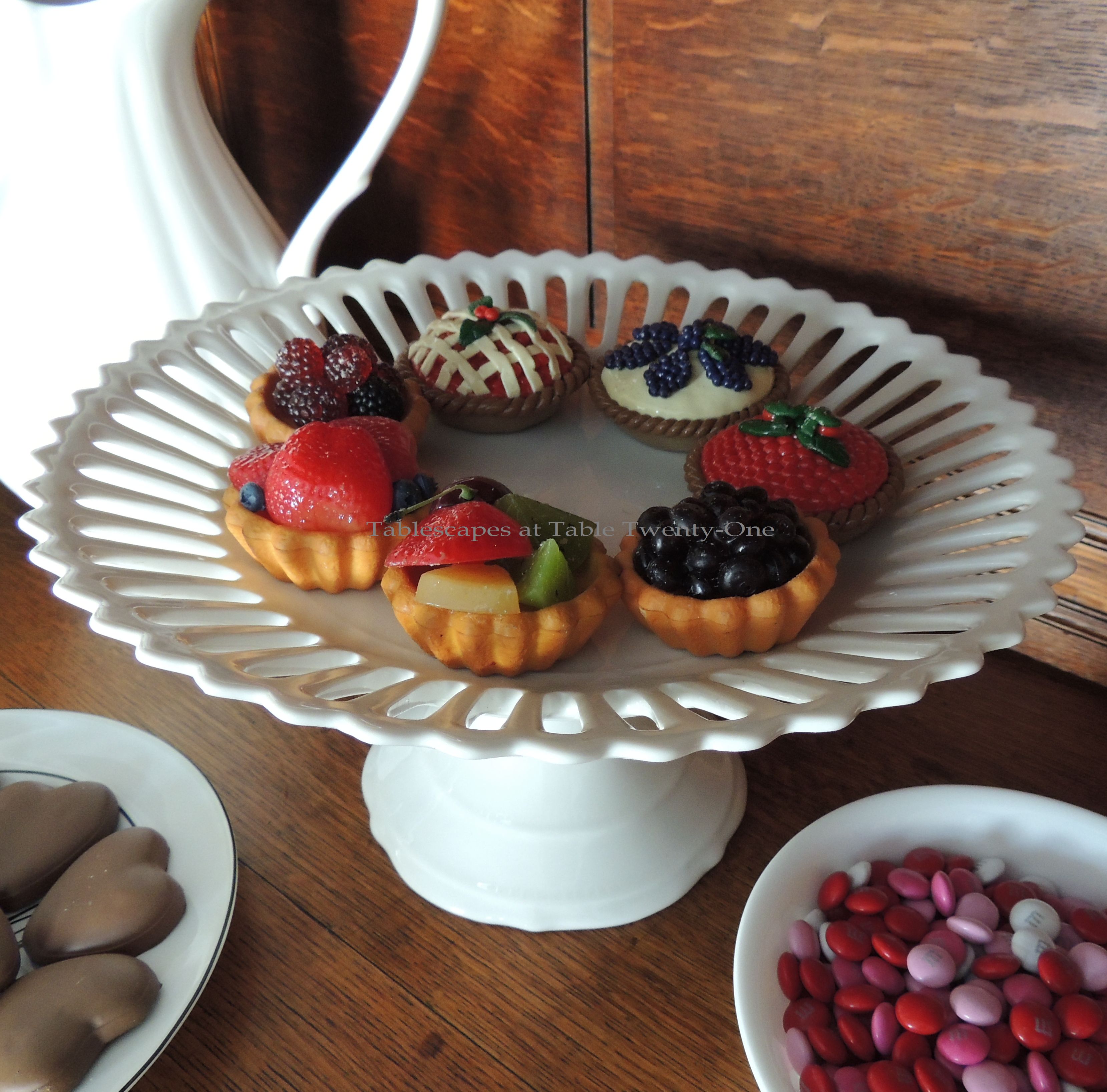 Tablescapes at Table Twenty-One, www.tabletwentyone.wordpress.com, Queen of Hearts Card Party: Tarts on Ralph Lauren pedestal