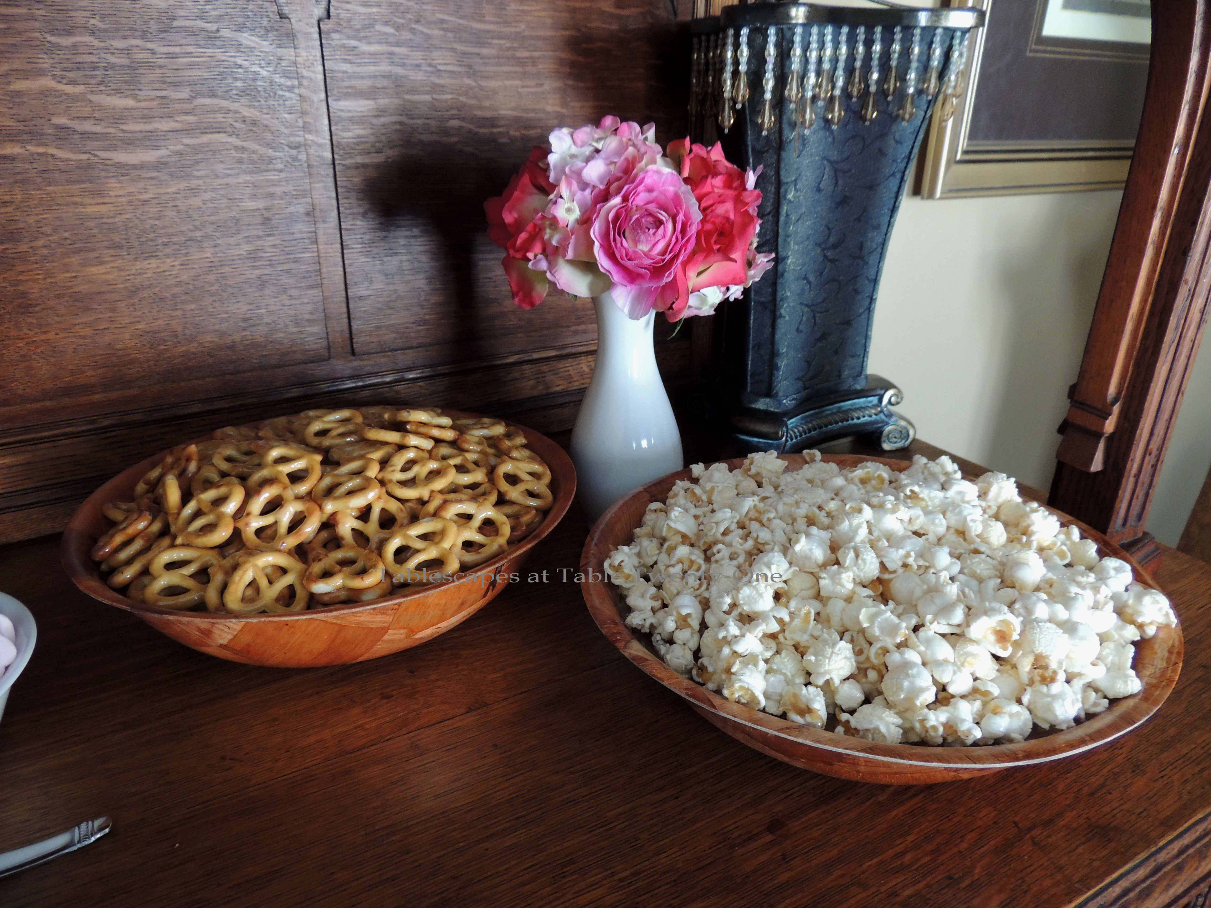 Tablescapes at Table Twenty-One, www.tabletwentyone.wordpress.com, Queen of Hearts Card Party: Pretzels & popcorn