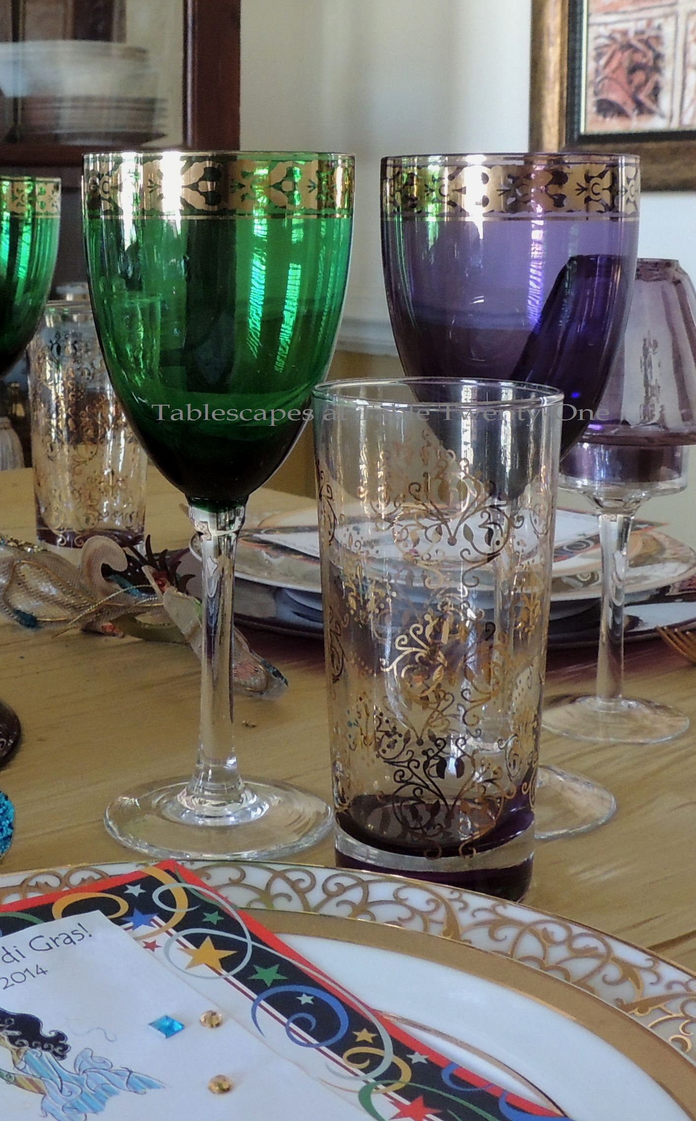 Tablescapes at Table Twenty-One, www.tabletwentyone.wordpress.com: Celebrate Mardi Gras! - Pier 1 stemware/TJ Maxx glassware