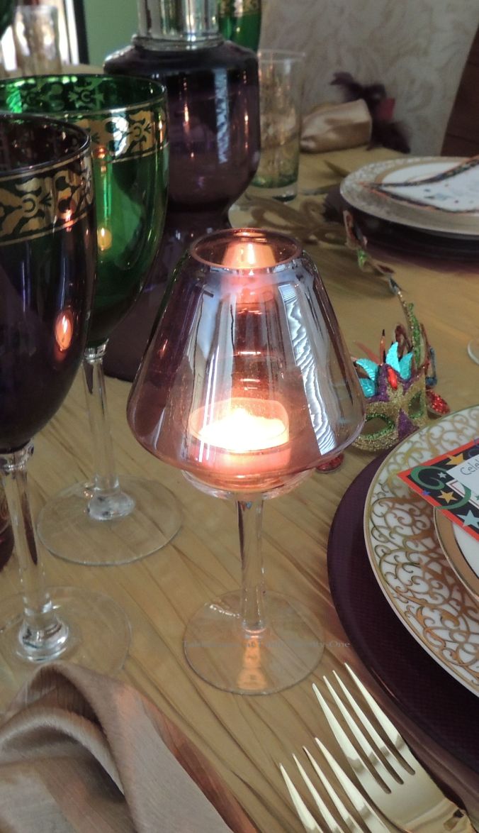 Tablescapes at Table Twenty-One, www.tabletwentyone.wordpress.com: Celebrate Mardi Gras! - Purple glass cabaret lamps