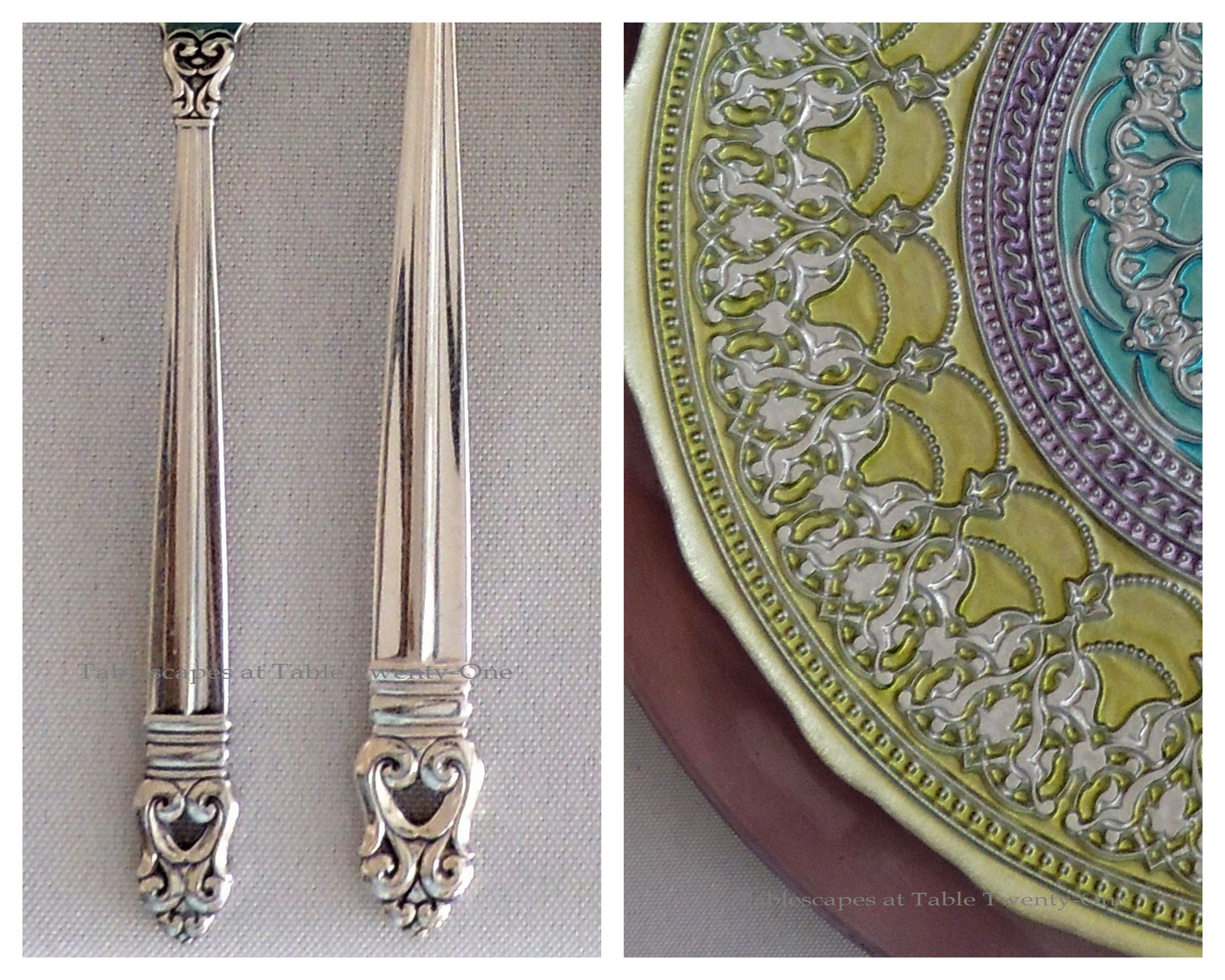 Tablescapes at Table Twenty-One, www.tabletwentyone.wordpress.com - The Peacock Effect: Flatware & plate detail collage