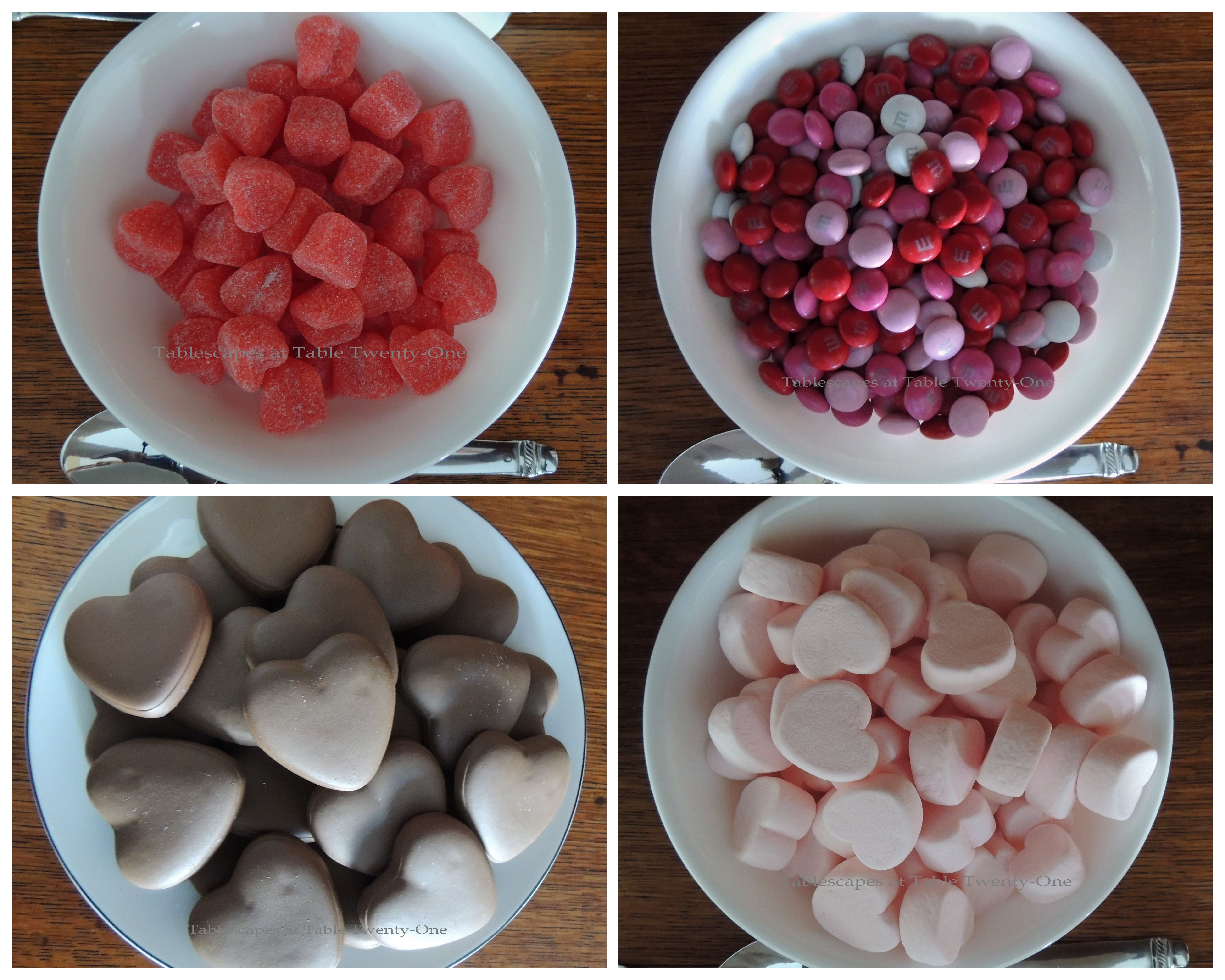 Tablescapes at Table Twenty-One, www.tabletwentyone.wordpress.com, Queen of Hearts Card Party: Gummie, marshmallow, M&M, cookie collage