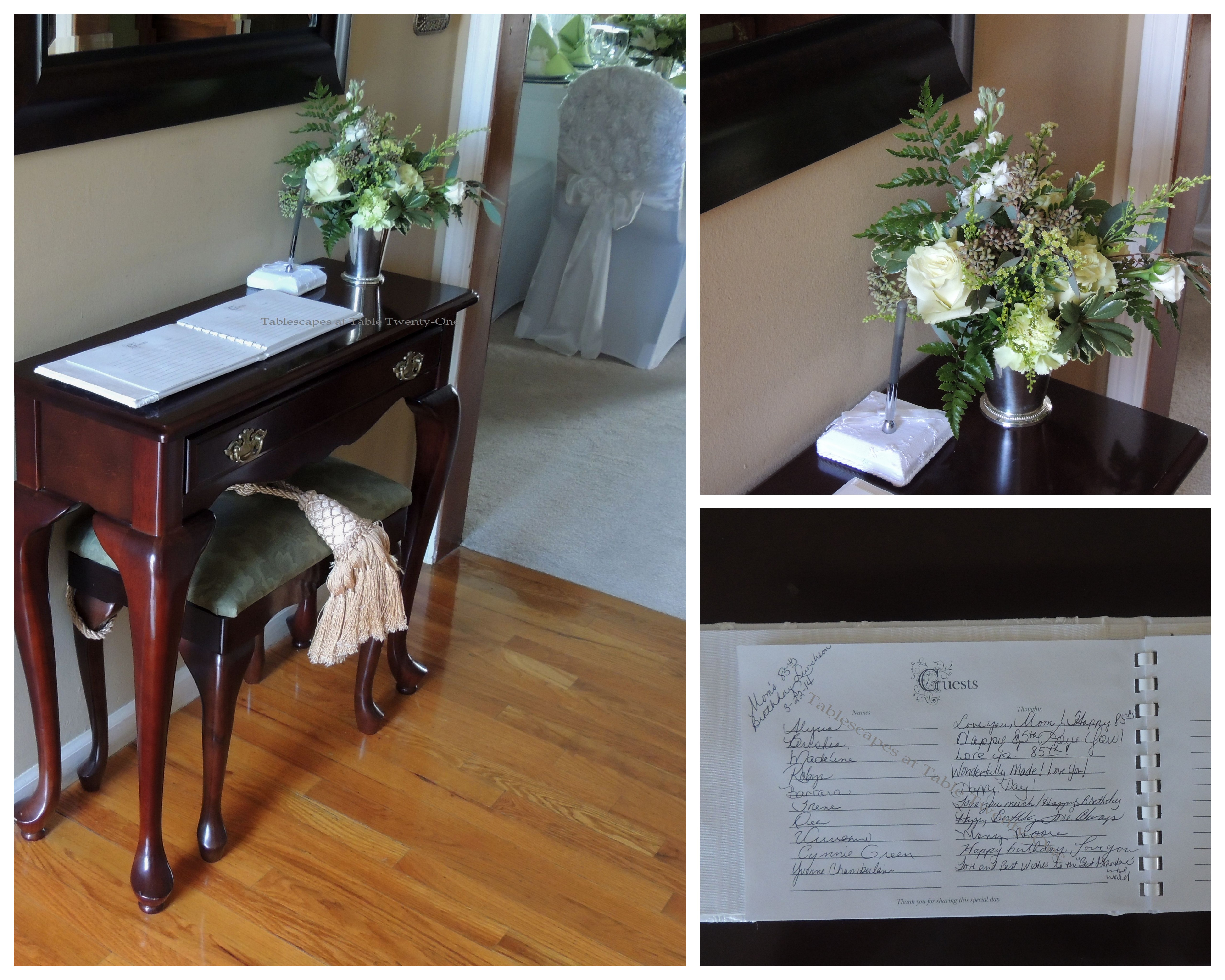 Tablescapes at Table Twenty-One, www.tabletwentyone.wordpress.com: Celebrating 85 Years of Fabulous - Guest book table collage