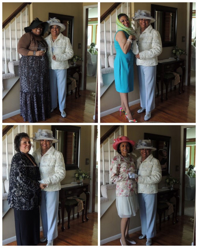 Clockwise from upper left: My Mom with my social butterfly niece, Von; with my stylish cousin, Dee, whose scarf reminded us of movie stars from the 50s and 60s; with my cousin Cynthia, whose fabulous gloves boasted bows at the wrist, and; with my beautiful inside & out cousin Madeline from my Daddy's side of the family.