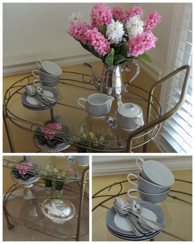 Tablescapes at Table Twenty-One, www.tabletwentyone.wordpress.com - Easter in Pink & Grey: Cart top, cart bottom, cups & saucers collage