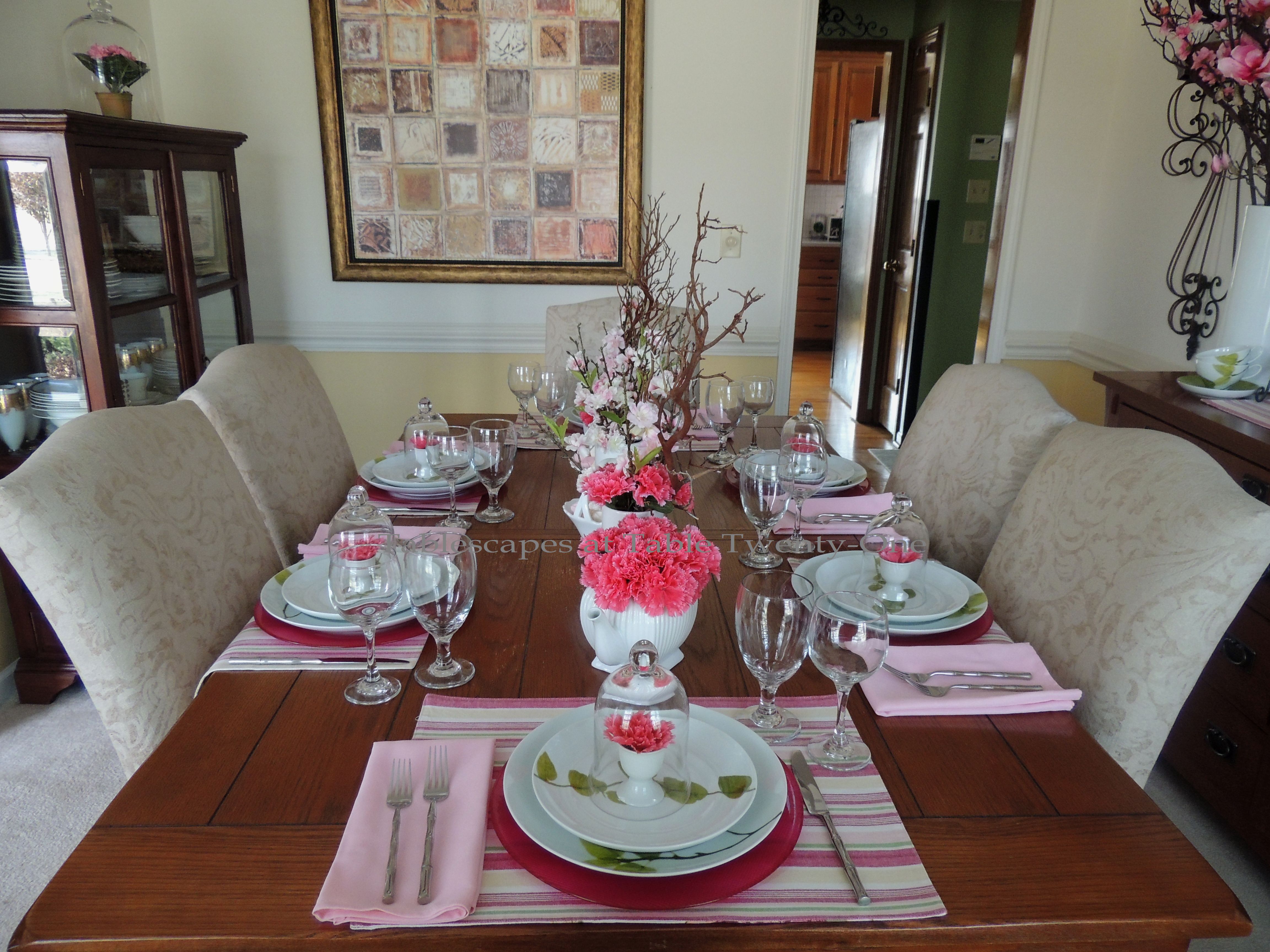 Tablescapes at Table Twenty-One, www.tabletwentyone.wordpress.com - All A'Bloom in Pink for Spring: Full table lengthwise