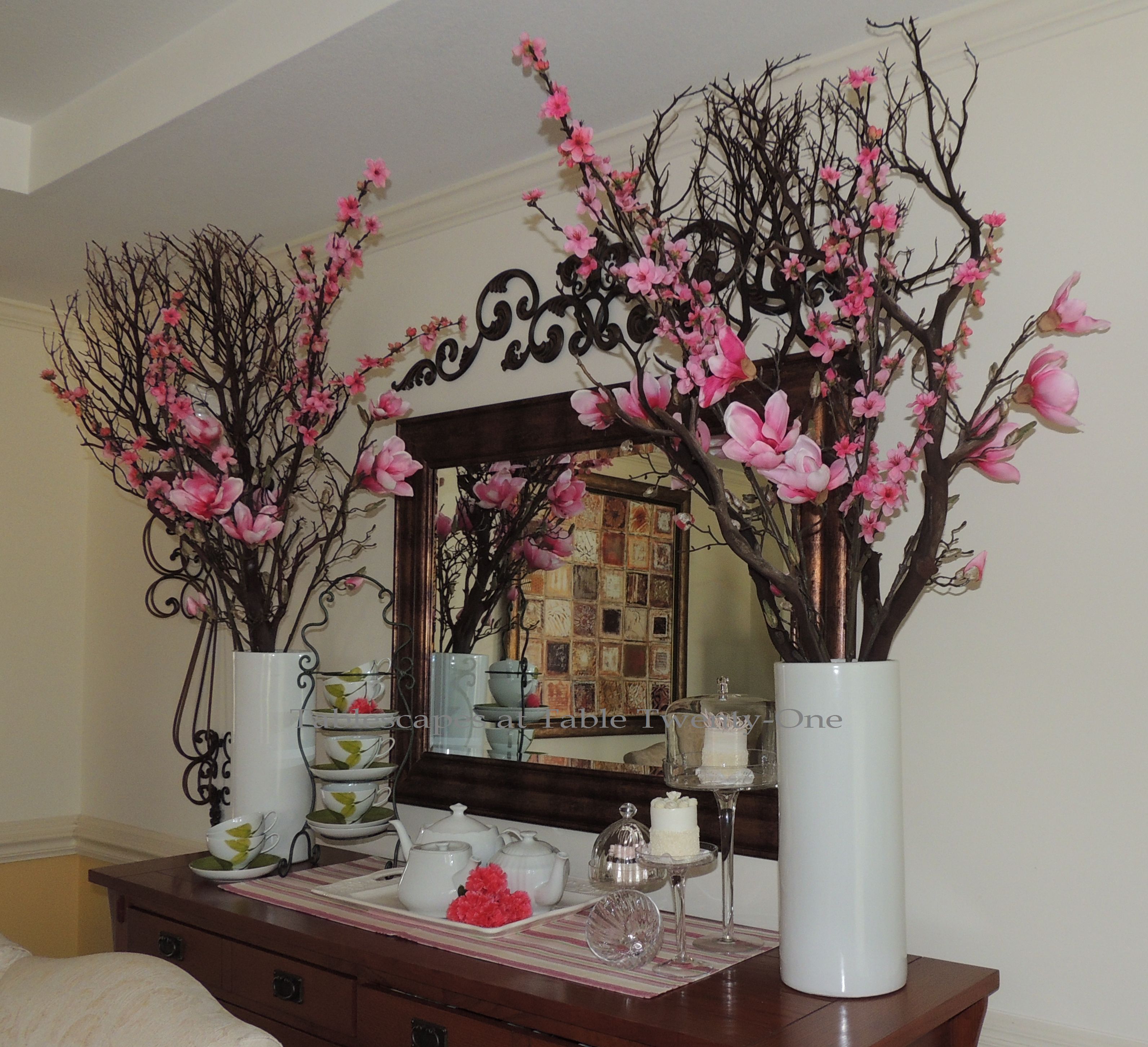 Tablescapes at Table Twenty-One, www.tabletwentyone.wordpress.com - All A'Bloom in Pink for Spring: Full buffet arrangement