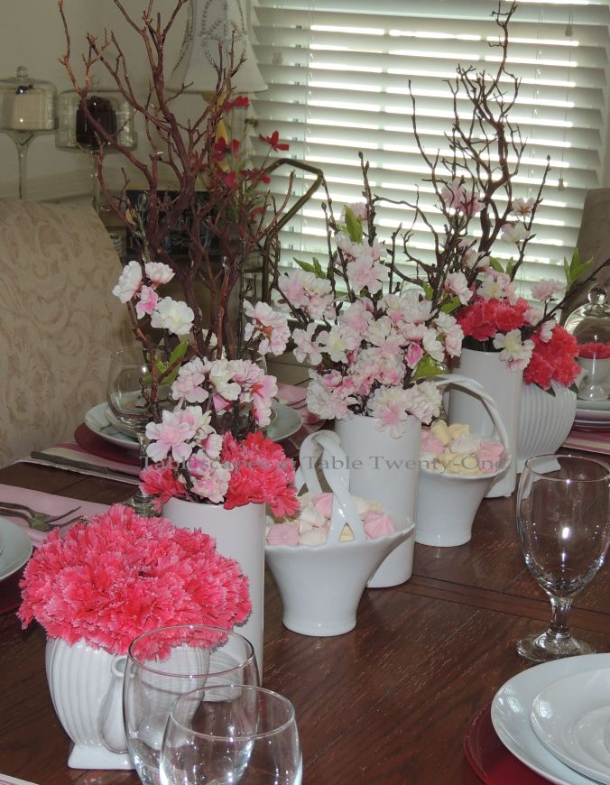 Tablescapes at Table Twenty-One, www.tabletwentyone.wordpress.com - All A'Bloom in Pink for Spring: Full centerpiece