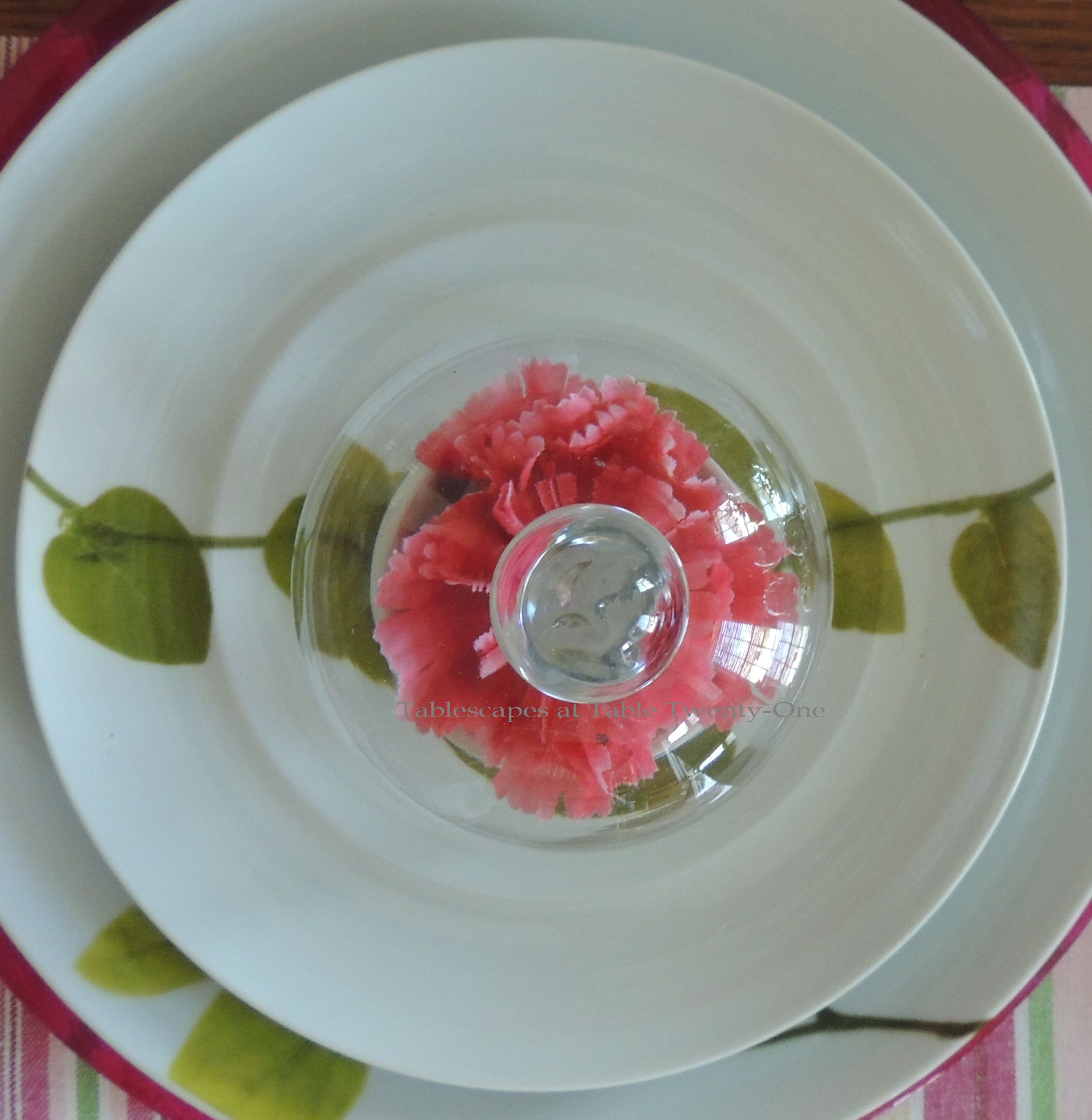 Tablescapes at Table Twenty-One, www.tabletwentyone.wordpress.com - All A'Bloom in Pink for Spring: Cloche bell jar on Mikasa Daylight china