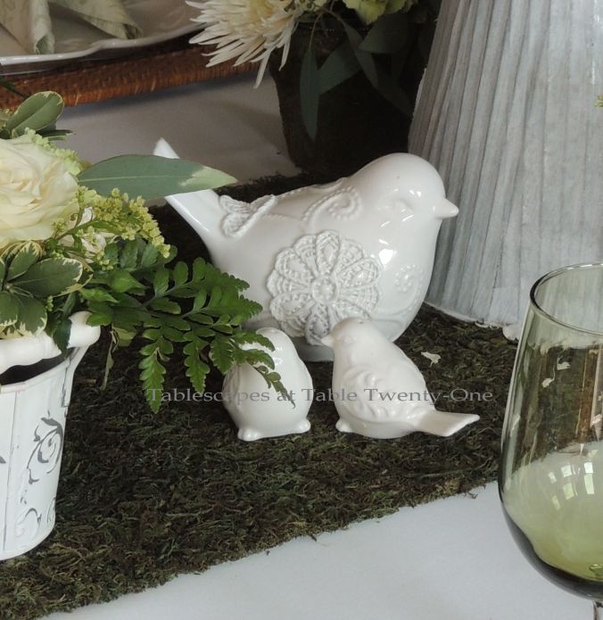 Tablescapes at Table Twenty-One, www.tabletwentyone.wordpress.com, Spring Green: Cluster of porcelain birds