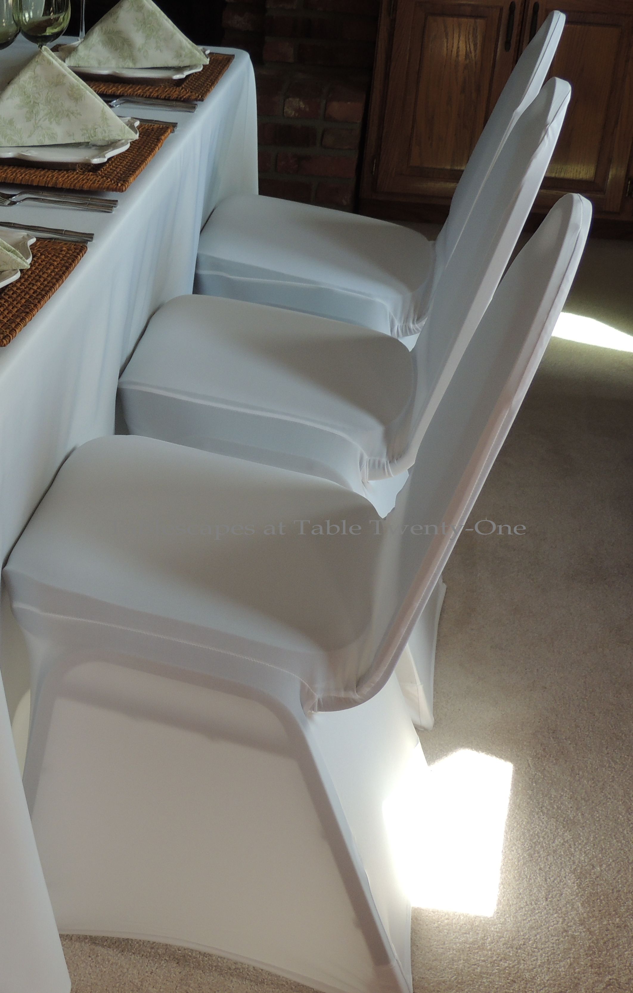 Tablescapes at Table Twenty-One, www.tabletwentyone.wordpress.com, Spring Green: Chairs with LinenTablecloth.com stretch covers