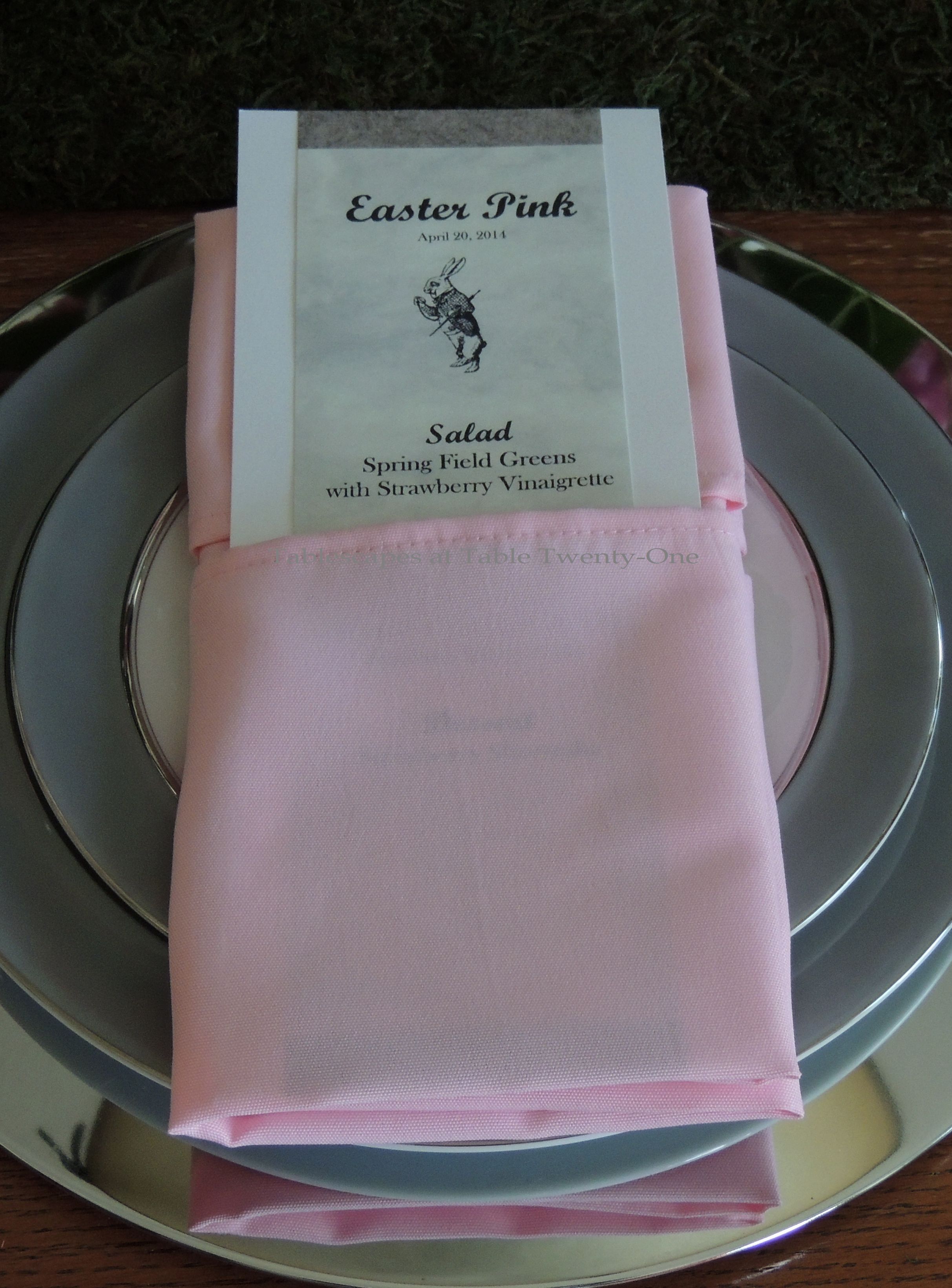 Tablescapes at Table Twenty-One, www.tabletwentyone.wordpress.com - Easter in Pink & Grey: Napkin and menu