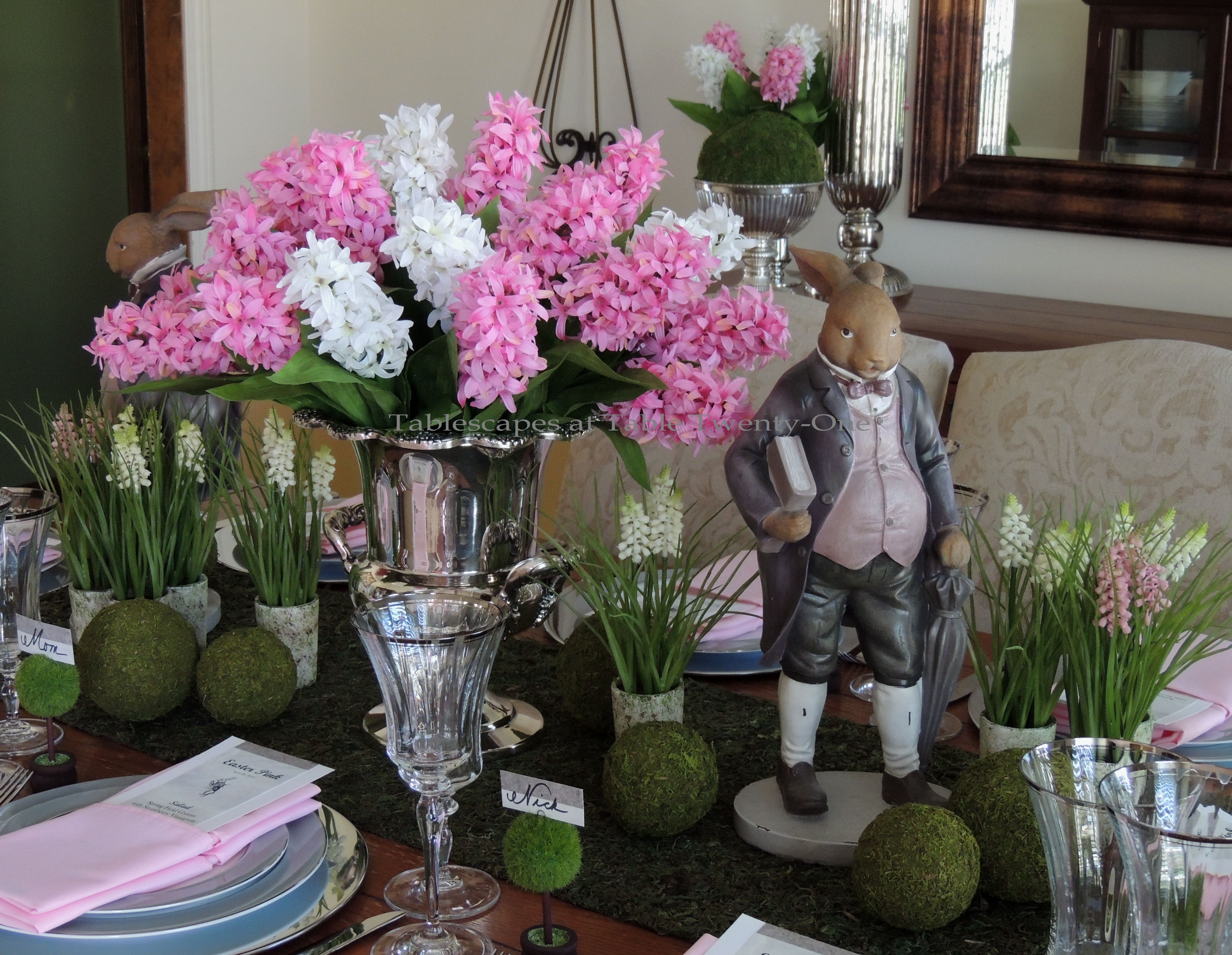Tablescapes at Table Twenty-One, www.tabletwentyone.wordpress.com - Easter in Pink & Grey: Full centerpiece
