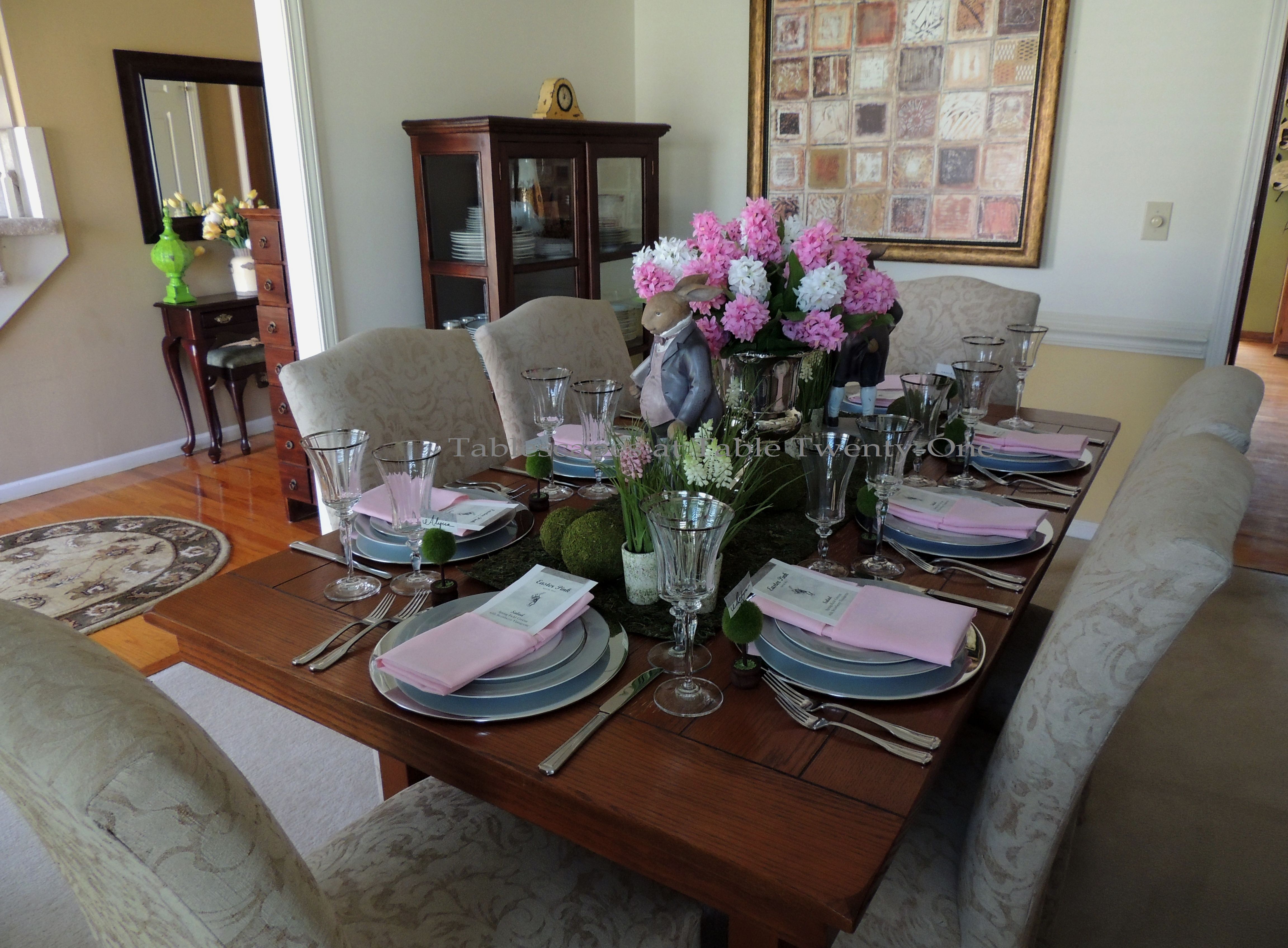 Tablescapes at Table Twenty-One, www.tabletwentyone.wordpress.com - Easter in Pink & Grey: Full table diagonal