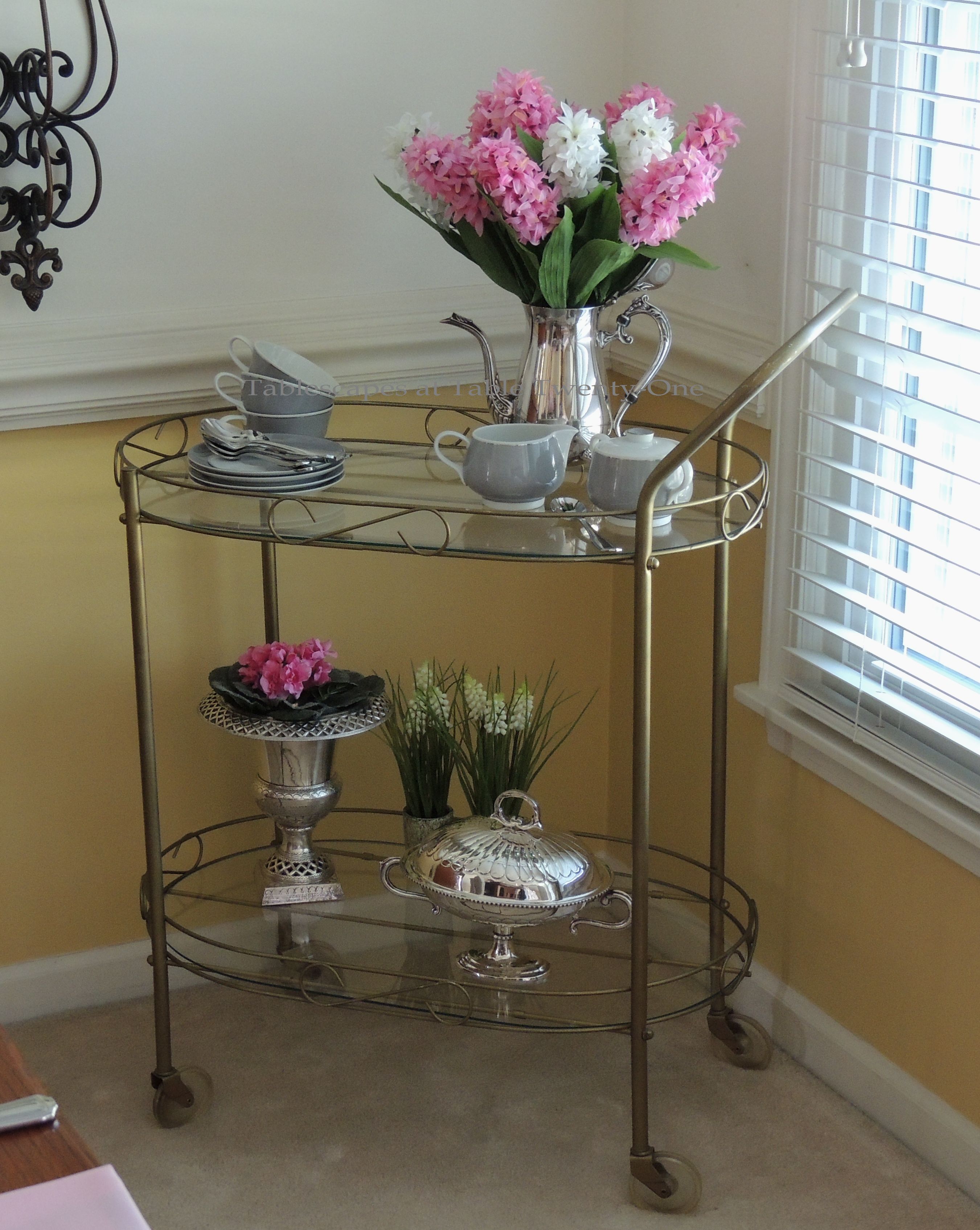 Tablescapes at Table Twenty-One, www.tabletwentyone.wordpress.com - Easter in Pink & Grey: Vintage tea cart