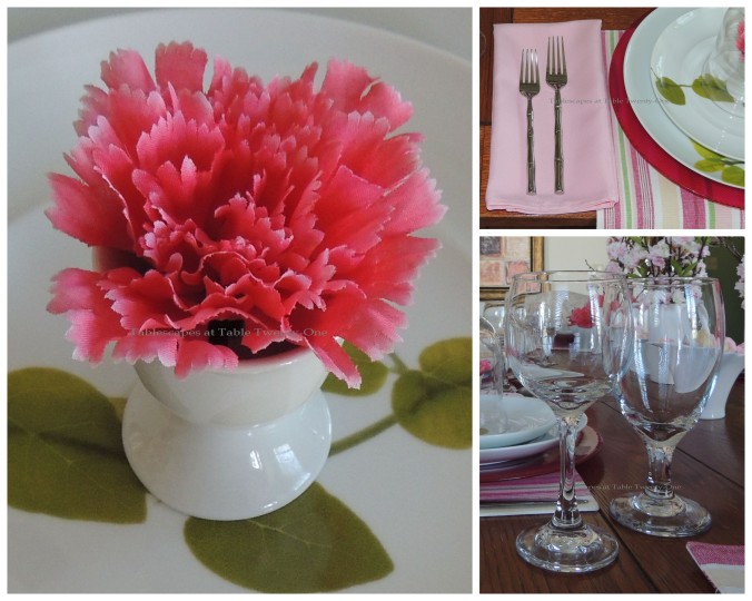 Tablescapes at Table Twenty-One, www.tabletwentyone.wordpress.com - All A'Bloom in Pink for Spring: Carnation in white egg cup, flatware, stemware collage