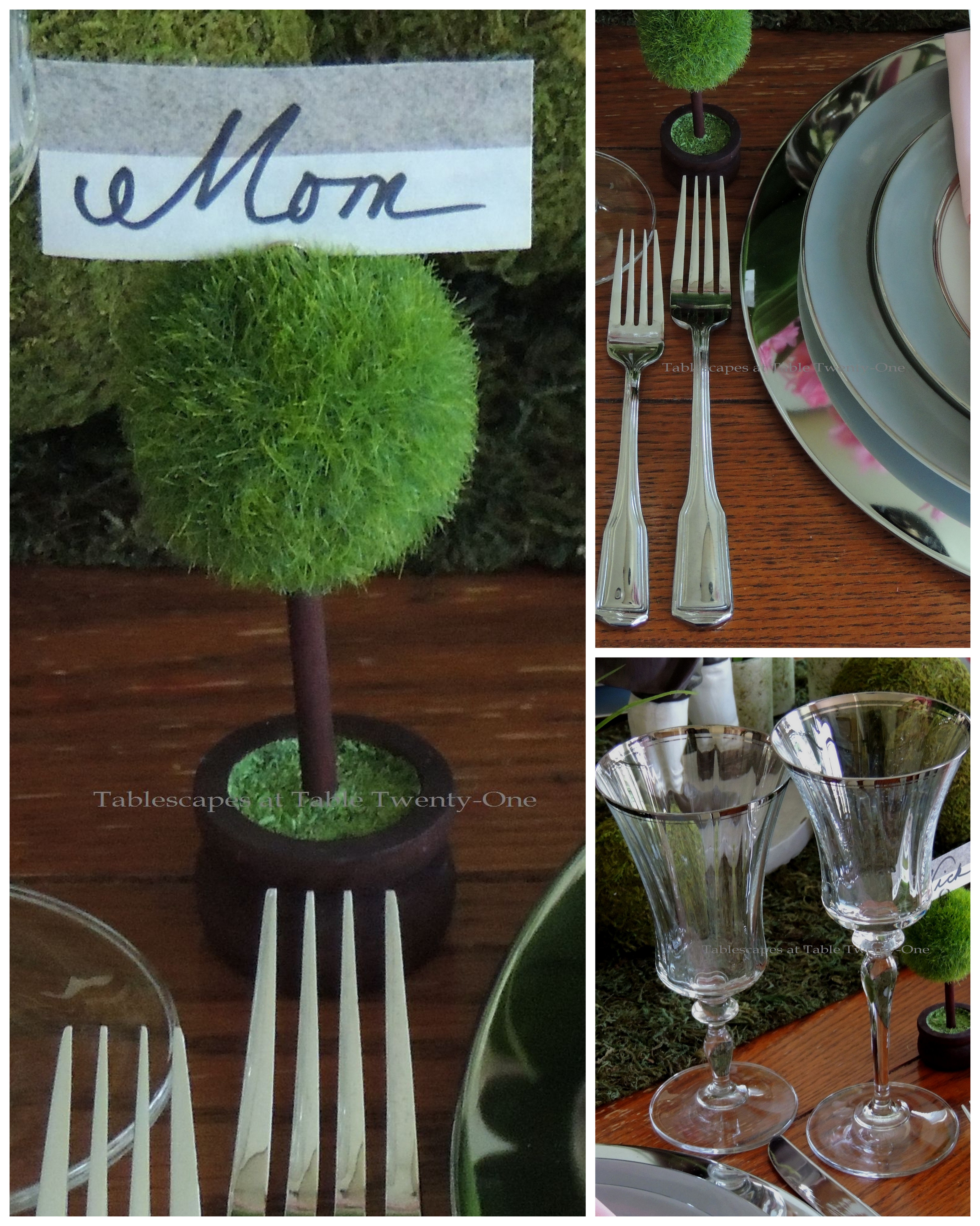 Tablescapes at Table Twenty-One, www.tabletwentyone.wordpress.com - Easter in Pink & Grey: Flatware/place card holder/stemware collage