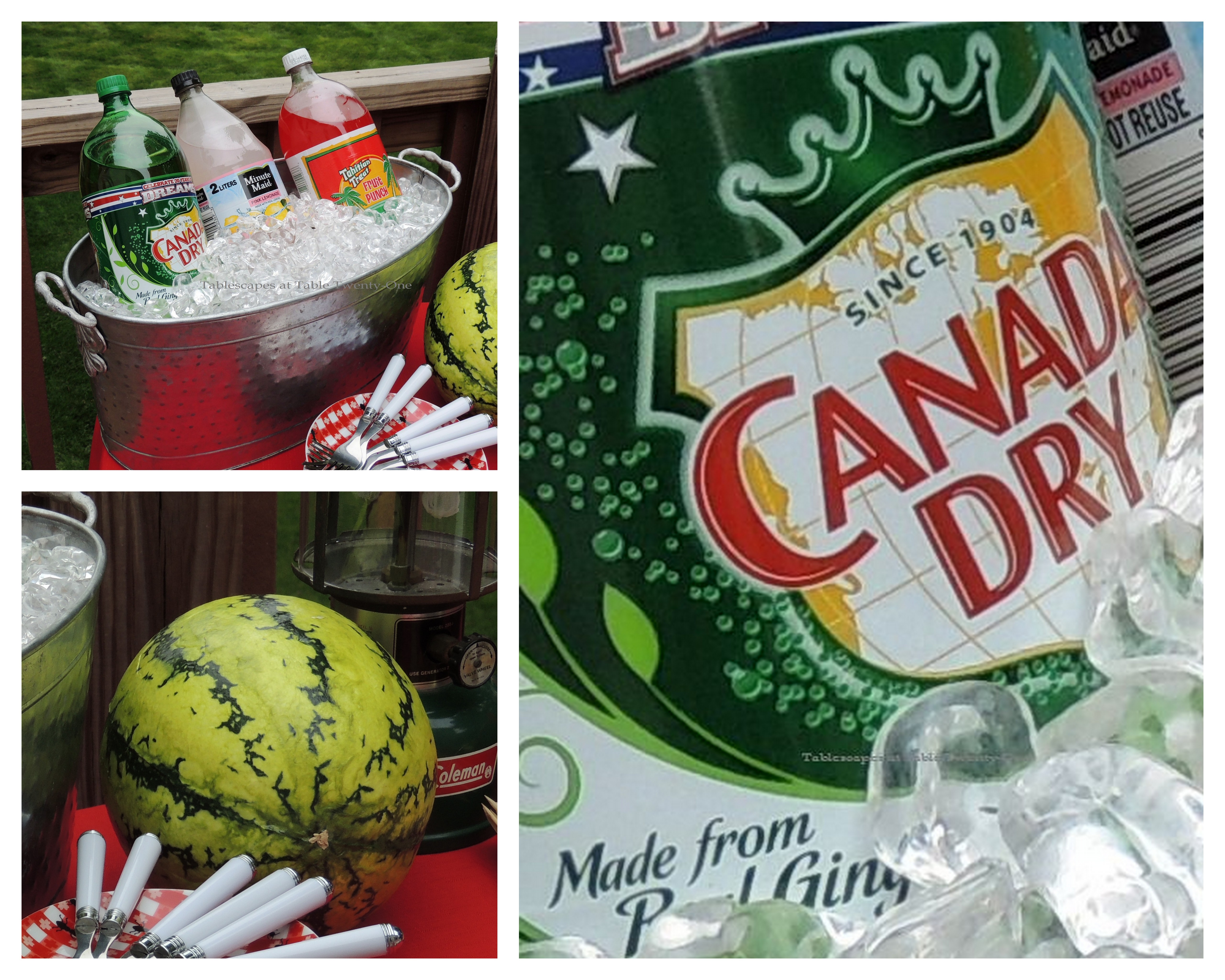 Tablescapes at Table Twenty-One, www.tabletwentyone.wordpress.com: Grill It Up! - Beverage tub, watermelon collage