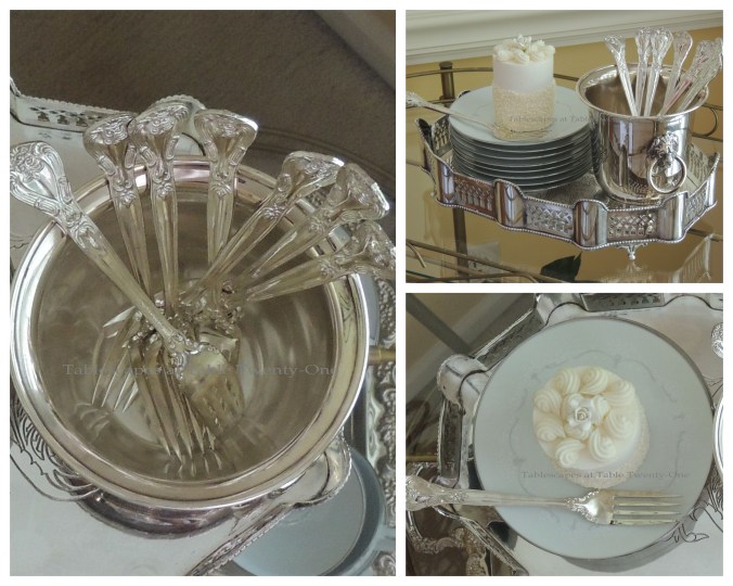 Tablescapes at Table Twenty-One, www.tabletwentyone.wordpress.com: My Sister’s Wedding China - individual cake on Noritake "Whitebrook" dessert plate, silver forks in silver mini champagne bucket