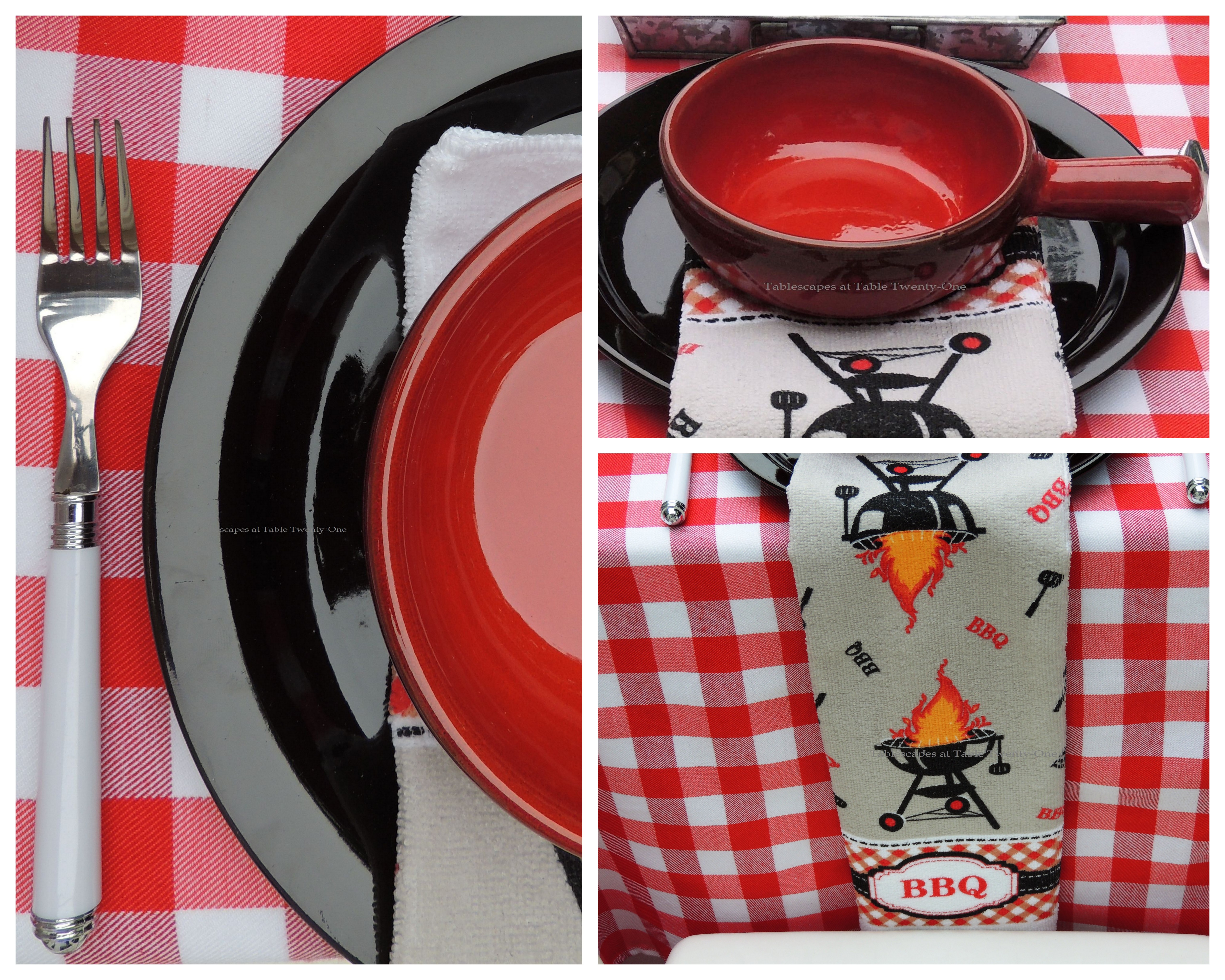 Tablescapes at Table Twenty-One, www.tabletwentyone.wordpress.com: Grill It Up! - Crock, napkin, flatware collage