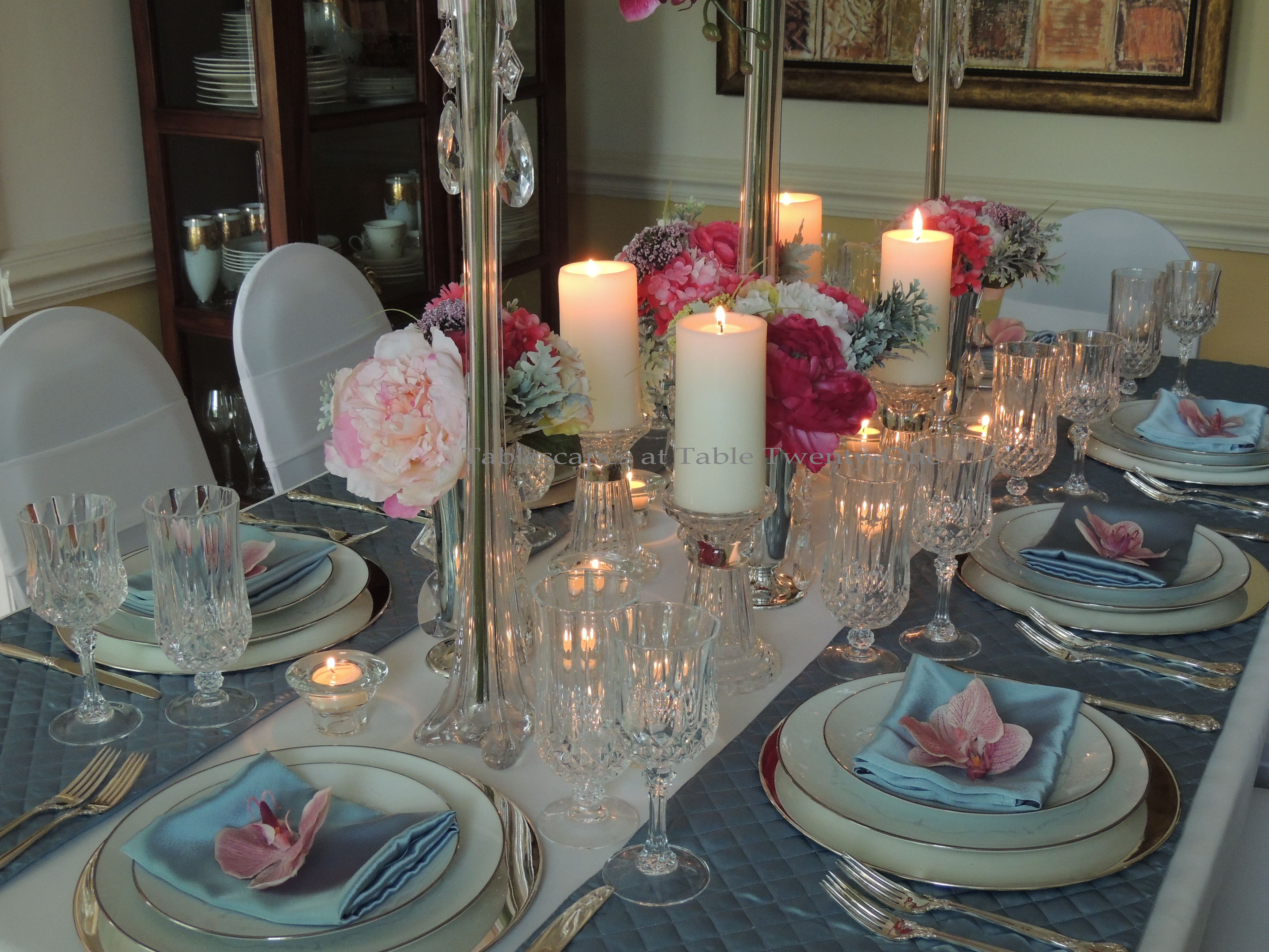 Tablescapes at Table Twenty-One, www.tabletwentyone.wordpress.com: My Sister’s Wedding China - table level centerpiece elements