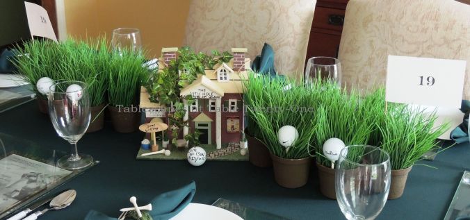 Tablescapes at Table Twenty-One, www.tabletwentyone.wordpress.com,The 19th Hole – Golf & Eternal Love:  Customized "19th Hole" golf clubhouse miniature centerpiece