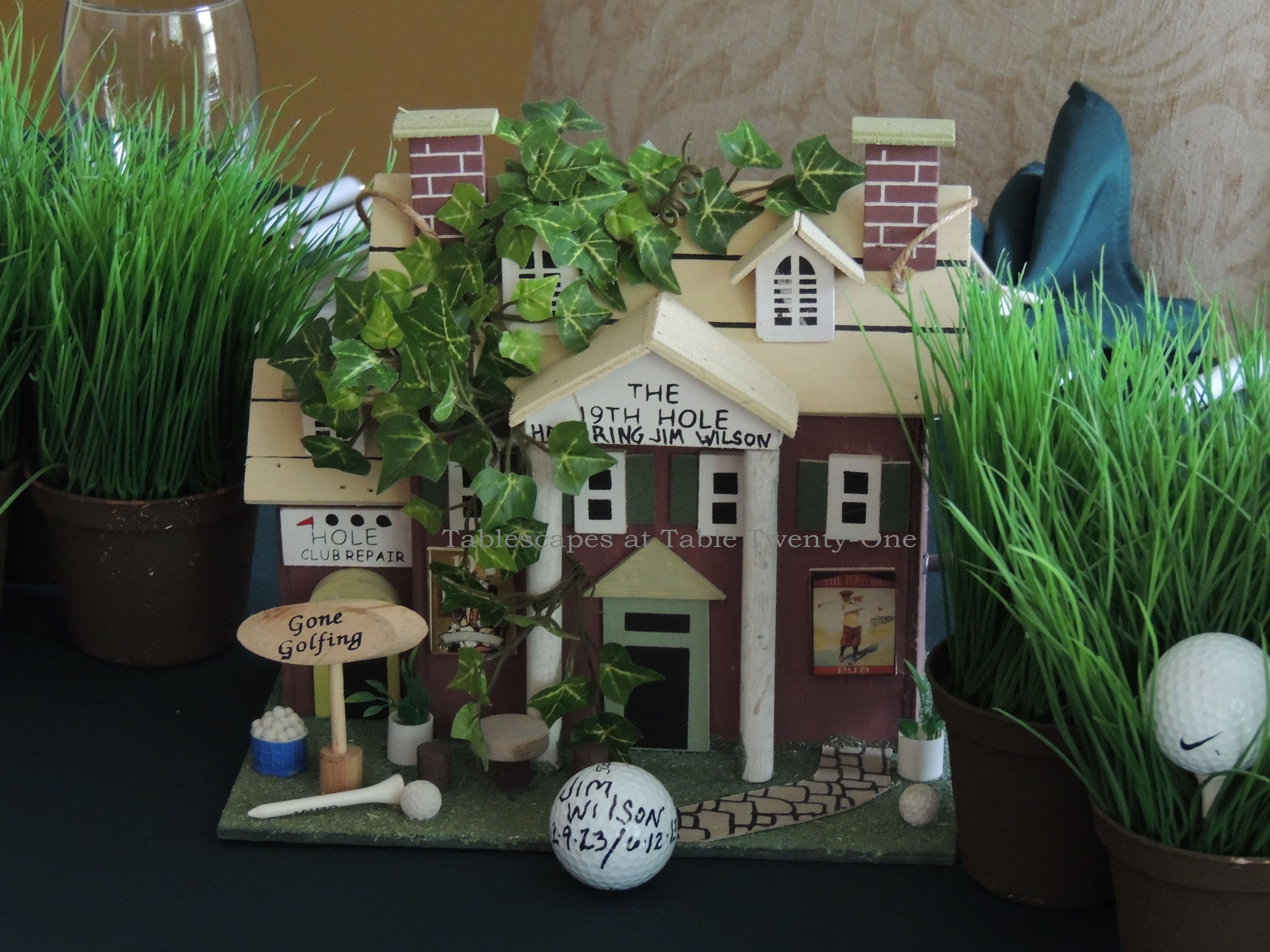 Tablescapes at Table Twenty-One, www.tabletwentyone.wordpress.com,The 19th Hole – Golf & Eternal Love:  Custom-made "19th Hole" golf clubhouse