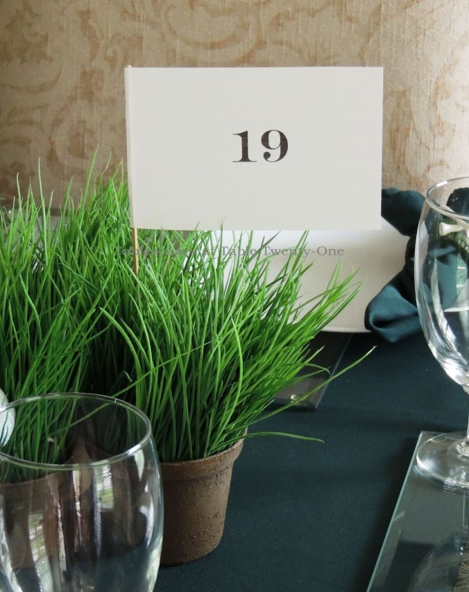 Tablescapes at Table Twenty-One, www.tabletwentyone.wordpress.com,The 19th Hole – Golf & Eternal Love:  Golf flags in pots of faux grass