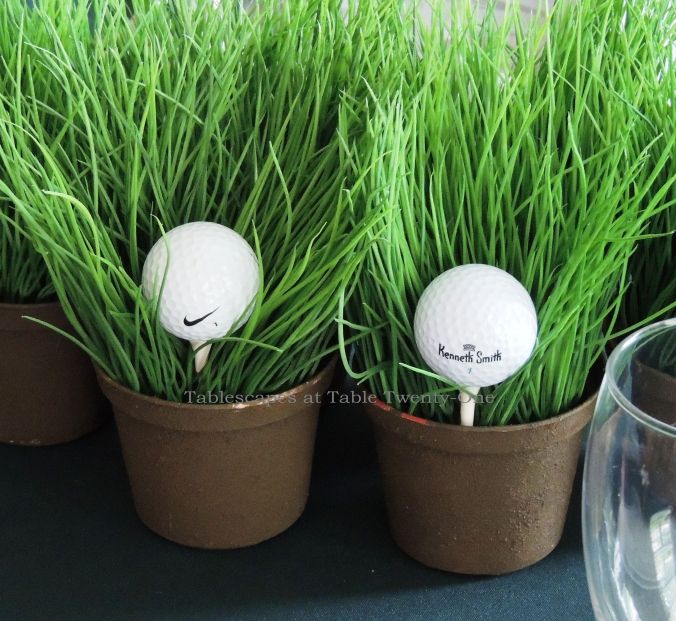 Tablescapes at Table Twenty-One, www.tabletwentyone.wordpress.com,The 19th Hole – Golf & Eternal Love:  Golf balls on tees in faux grass