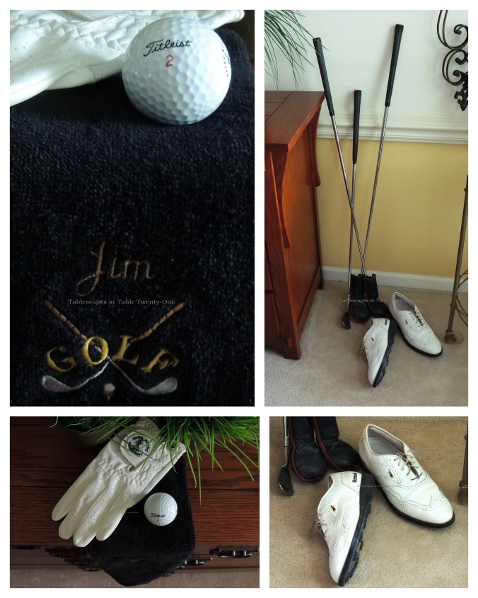 Tablescapes at Table Twenty-One, www.tabletwentyone.wordpress.com,The 19th Hole – Golf & Eternal Love:  Golf glove, ball, clubs, shoes, towel collage
