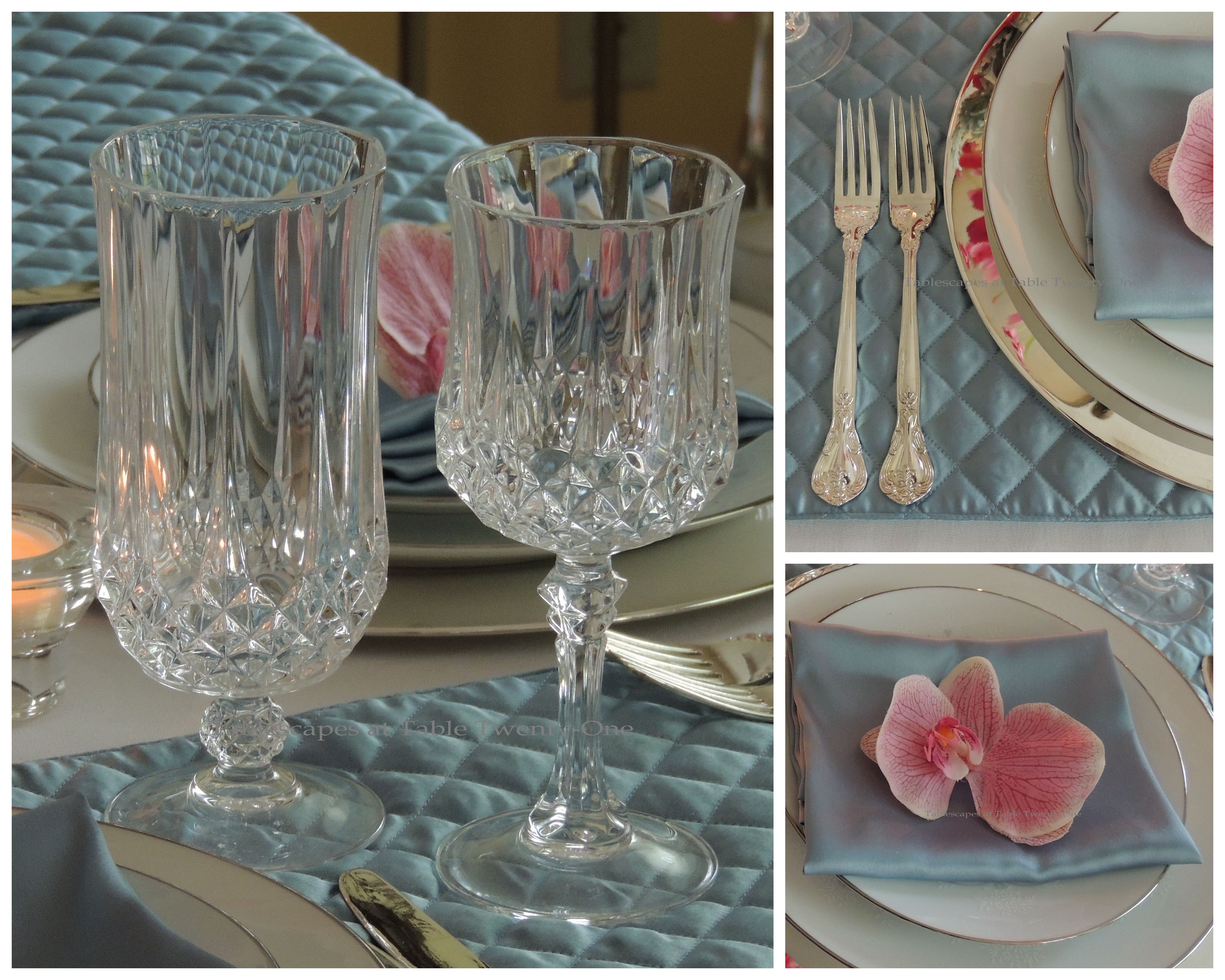 Tablescapes at Table Twenty-One, www.tabletwentyone.wordpress.com: My Sister’s Wedding China - stemware, flatware, & napkin collage