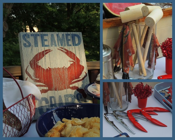 Tablescapes at Table Twenty-One, www.tabletwentyone.wordpress.com, 4th of July Coastal Style: Crab sign, wooden mallets, seafood cracker collage
