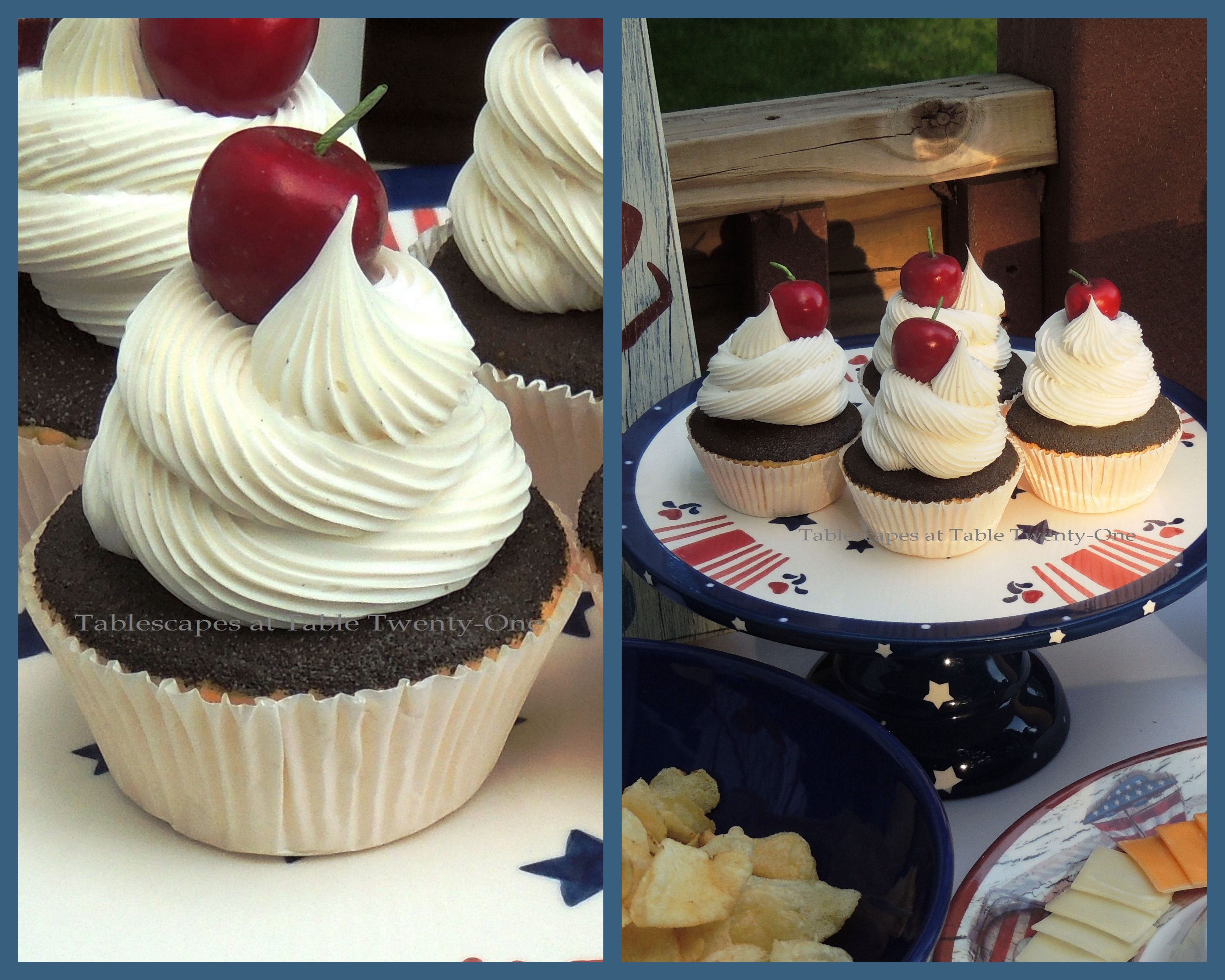 Tablescapes at Table Twenty-One, www.tabletwentyone.wordpress.com, 4th of July Coastal Style: Cupcakes on patriotic ceramic cake stand collage