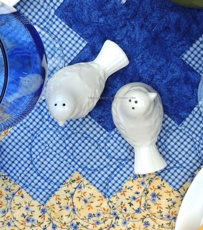 Tablescapes at Table Twenty-One, www.tabletwentyone.wordpress.com, Summer Luncheon for Two: white ceramic bird salt & pepper shakers